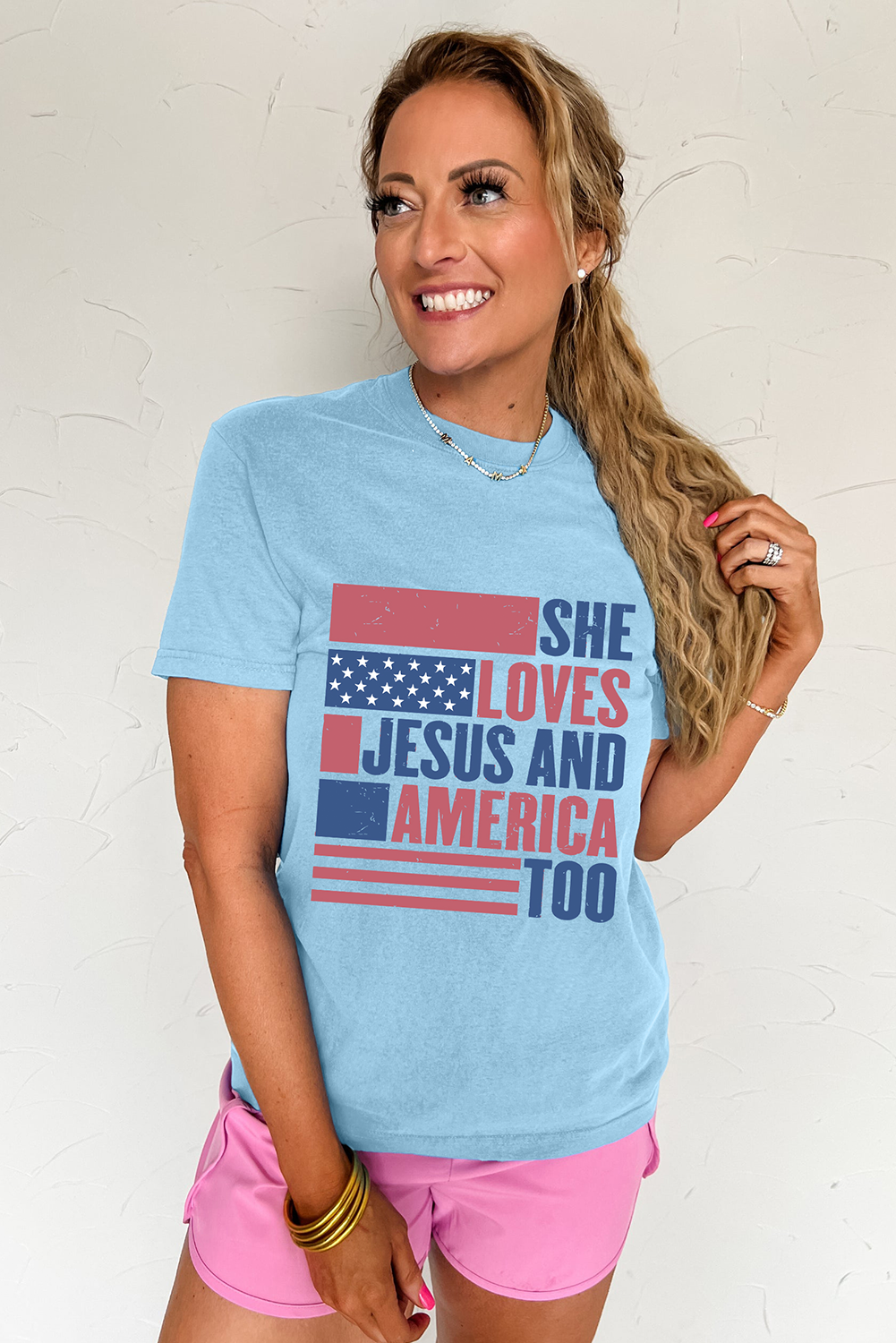Light Blue SHE LOVES JESUS AND AMERICA TOO Flag Graphic T-Shirt