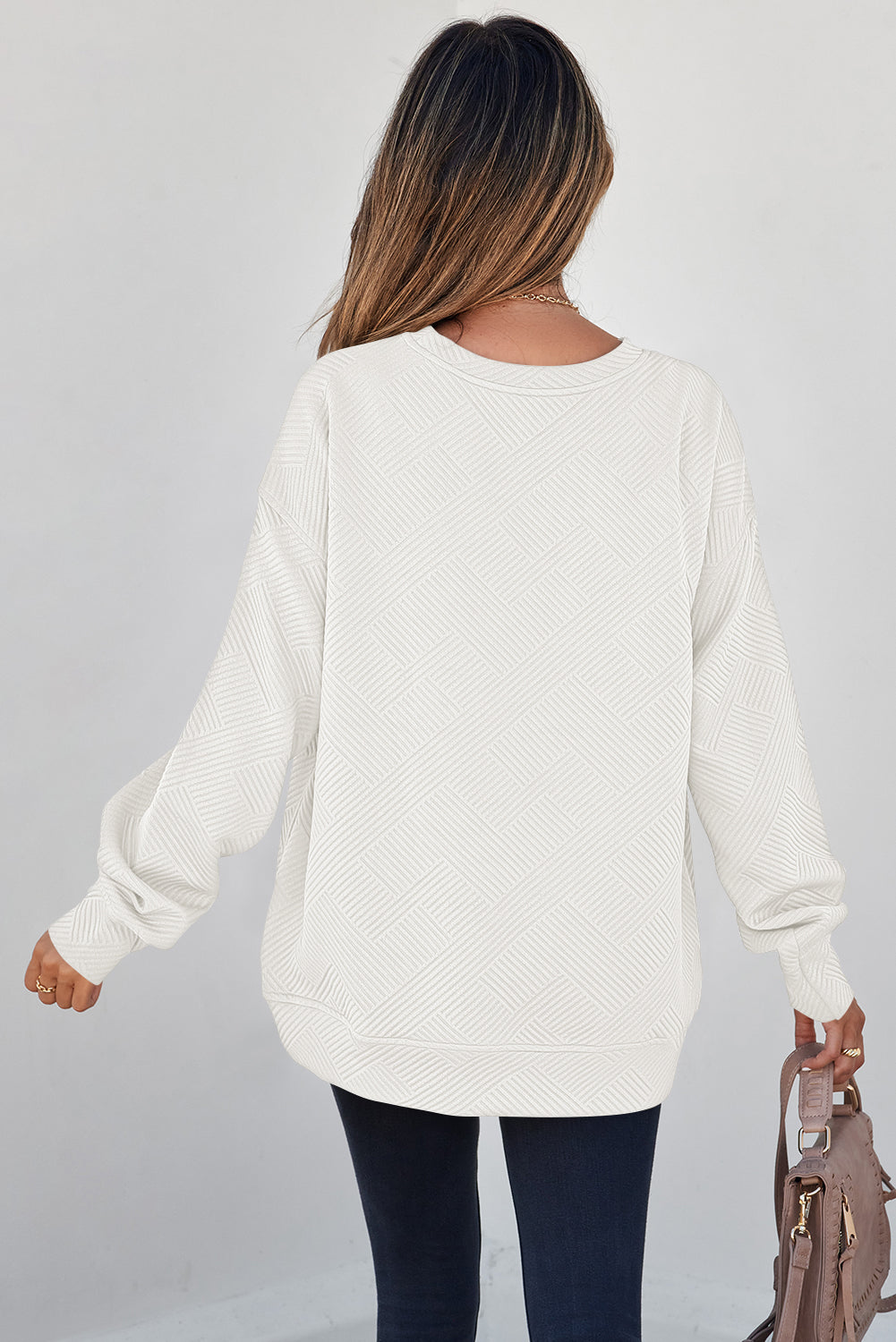 White Solid Color Textured Round Neck Sweatshirt