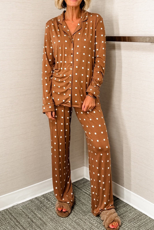Brown Polka Dot Print Long Sleeve Shirt Pant Pajama Set
