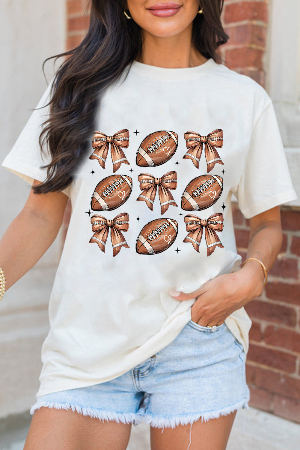 White Football Fashion Bow Print Cotton Blend T-Shirt