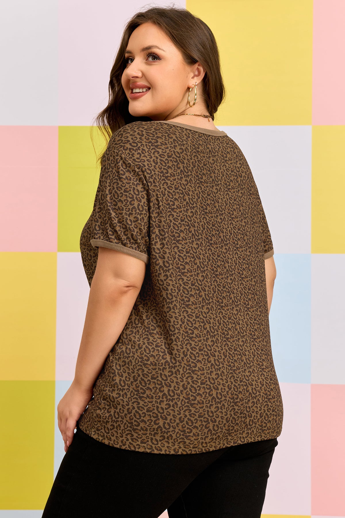 Khaki Plus Size Leopard Print Ribbed Trim Round-Neck Tee