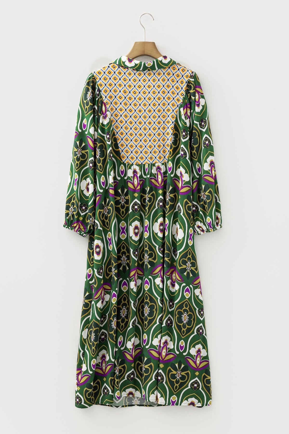Green Plus Size Mixed Floral Patchwork V-Neck Bracelet Sleeve Maxi Dress