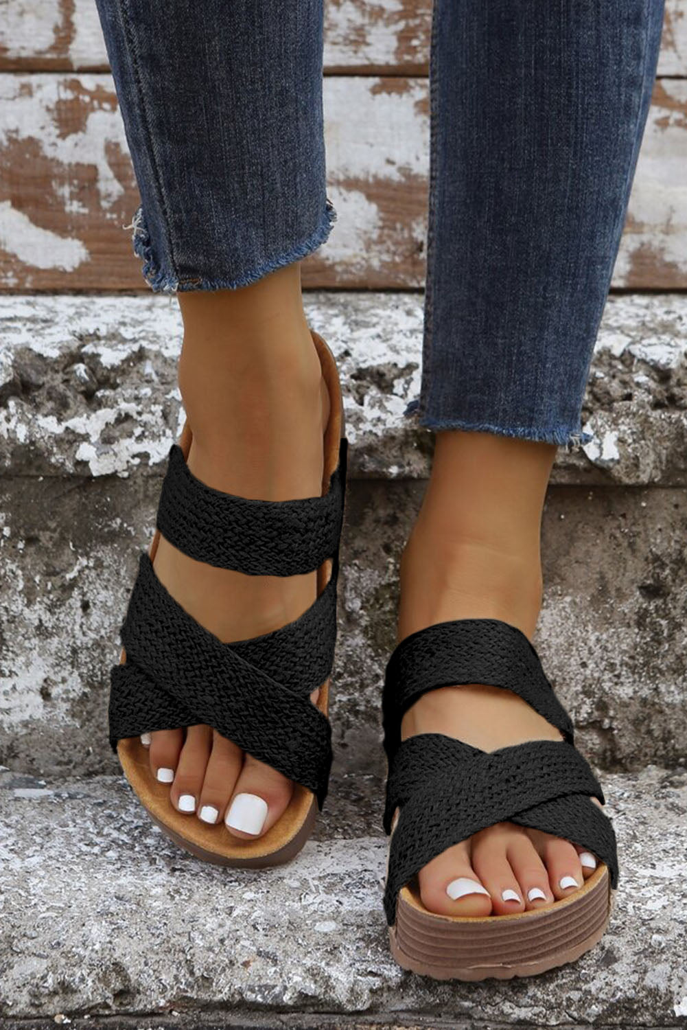 Beige Woven Cross Criss Hollowed Slip-On Sandals