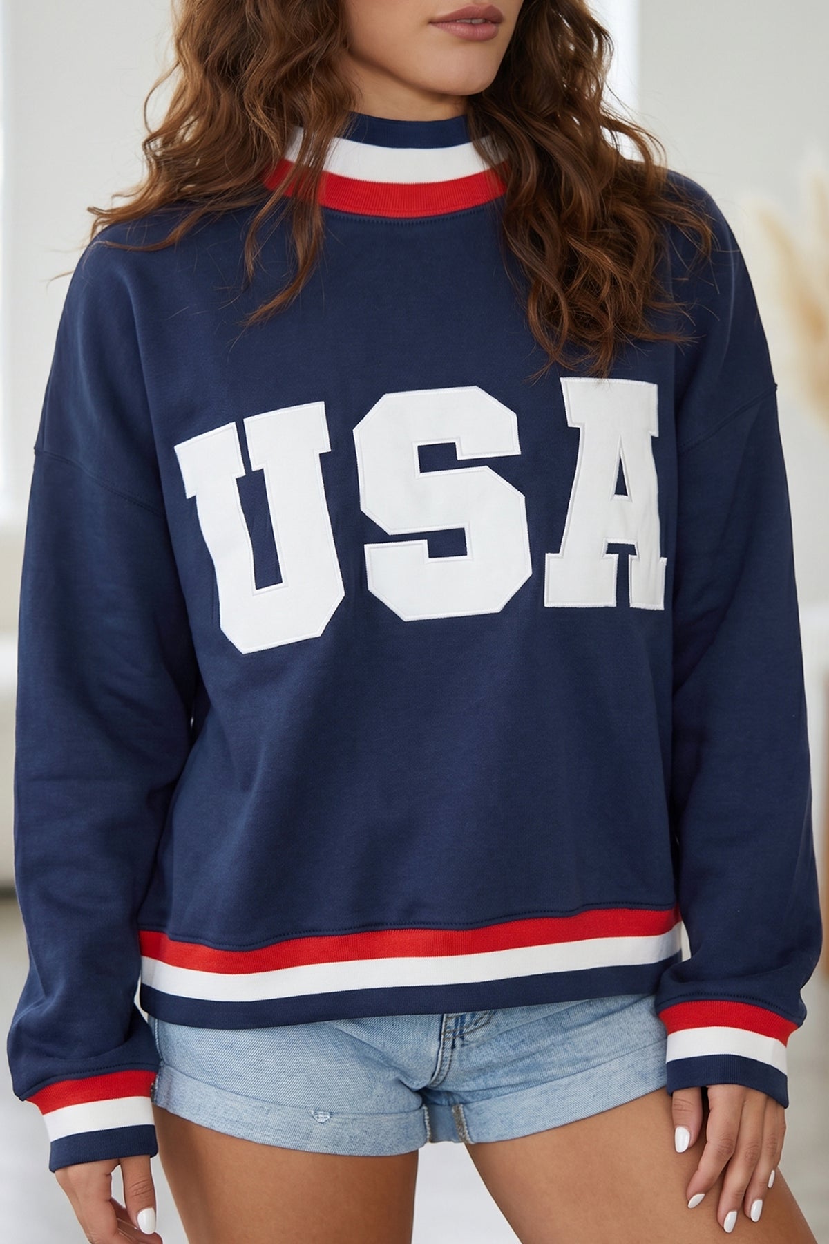 Dirty blue USA Slogan Patch Embroidery High Neck Sweatshirt