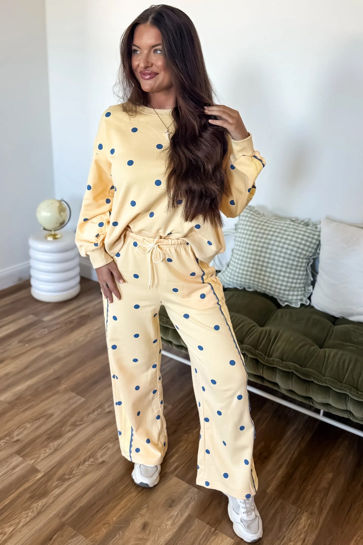 Yellow Polka Dot Top and Patchwork Wide Leg Pants Set
