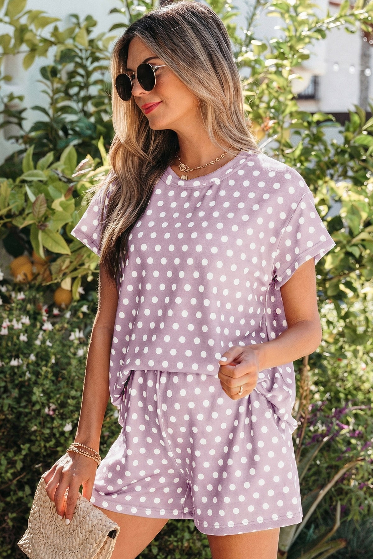 Women's Pink Polka Dot Print Shorts Two-Piece Set