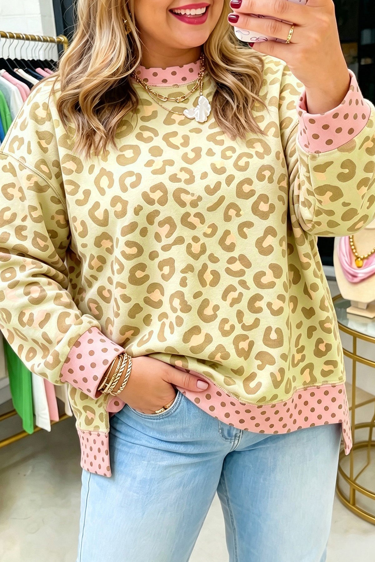 Khaki Plus Size Leopard Print Contrast Polka Dot Trim Long-Sleeve Top