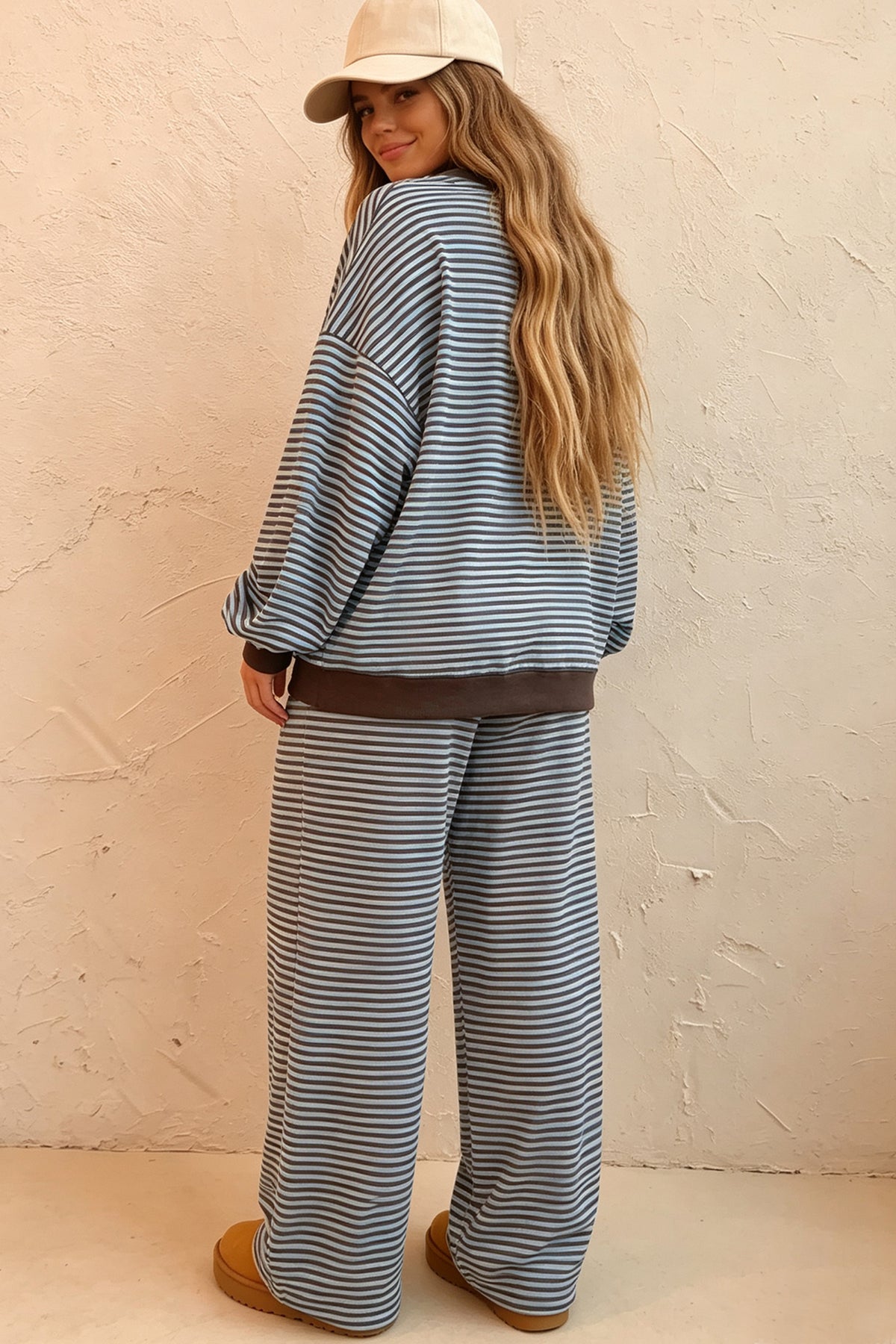 Women's Brown Stripe Drop Shoulder Top & Pants Two-Piece Set
