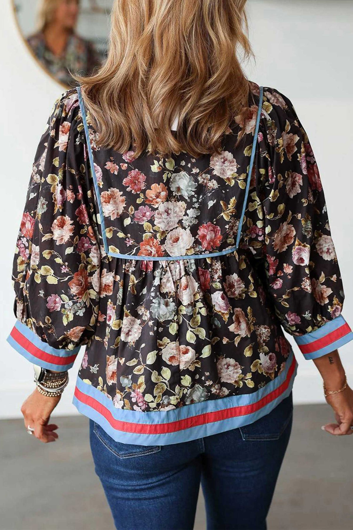 Black Floral Print Contrast Trim Tie V Neck Blouse