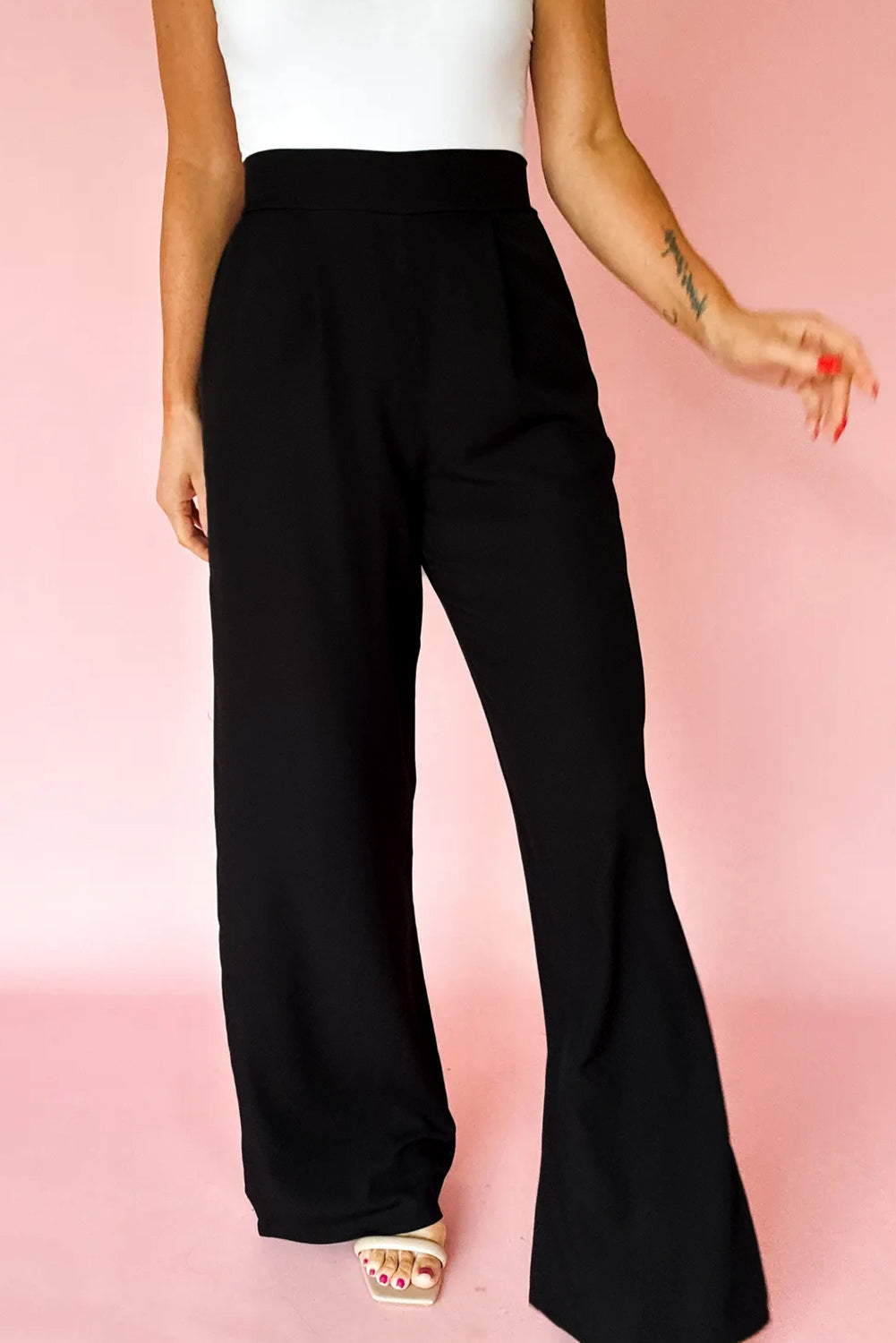Fiery Red Pleated Pull On High Elastic Waist Loose Straight Pants