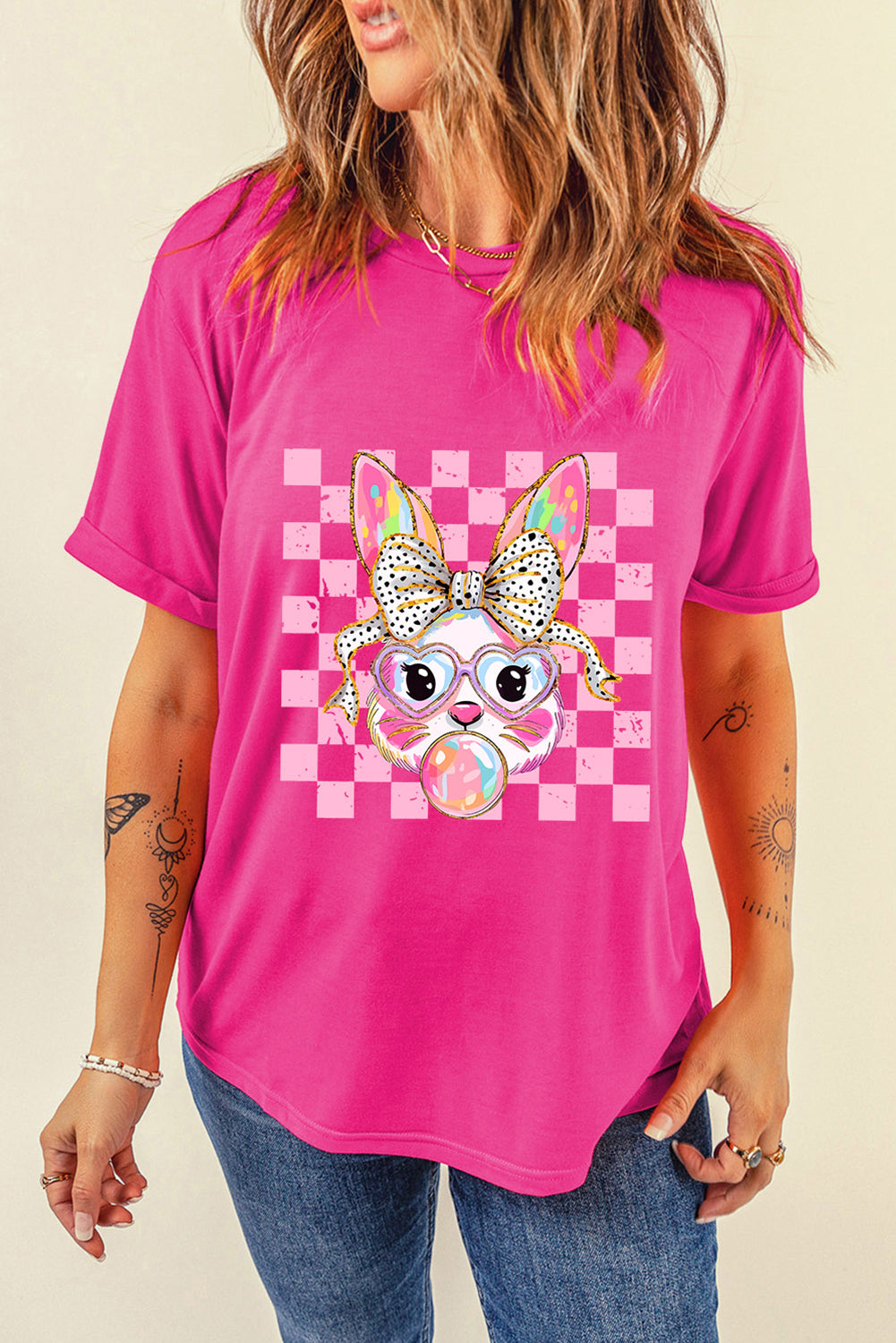 Rose Red Plaid Bubble Gum Rabbit Graphic Easter T-Shirt