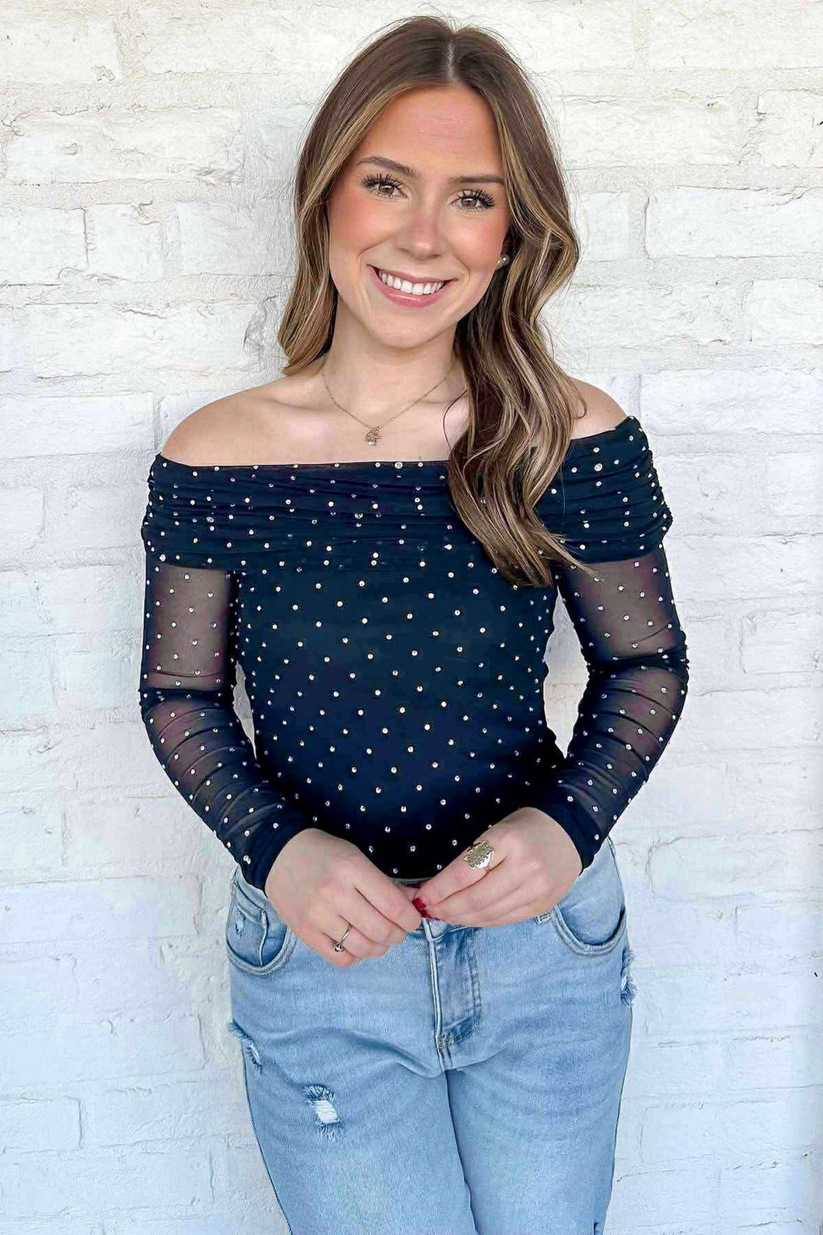 Blue Off Shoulder Polka Dot Mesh Sheath Top