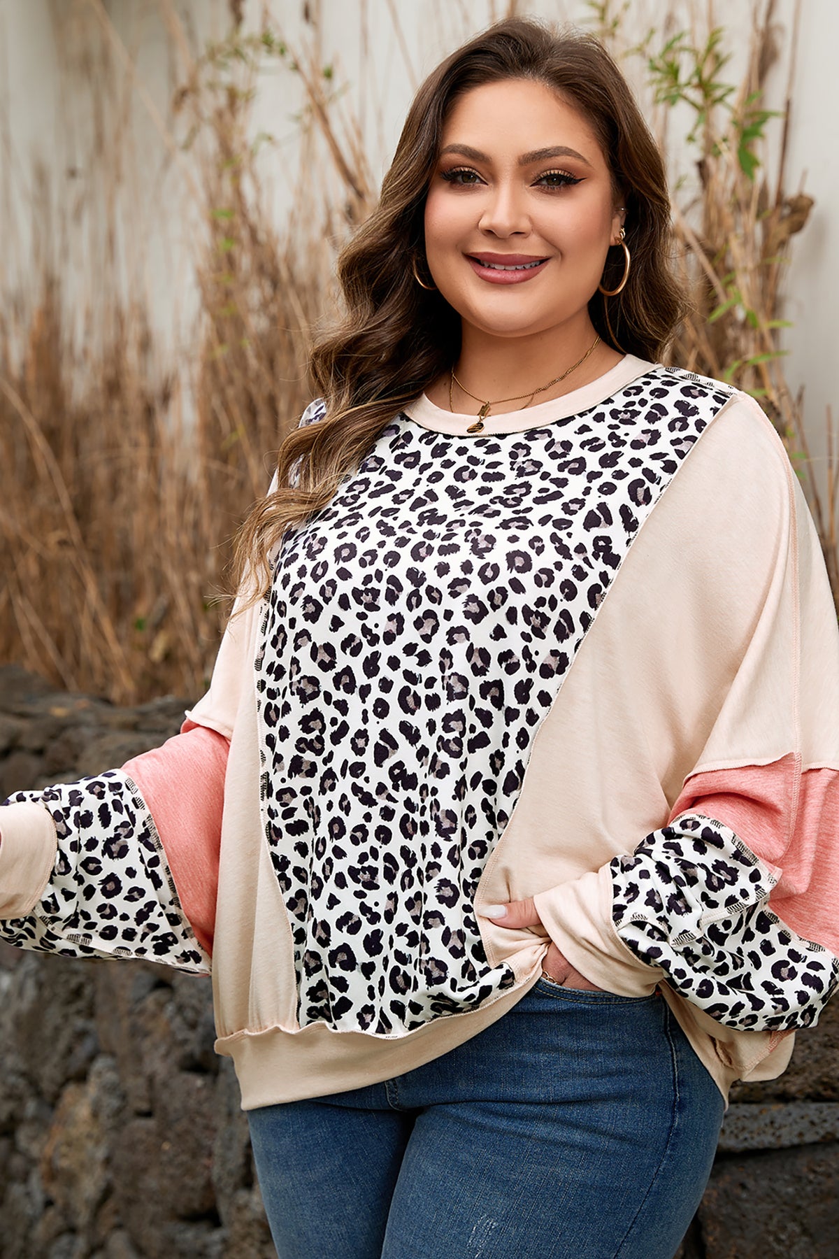 Gray Leopard Color-Block Patchwork Reverse Stitch Plus Size Relaxed Pullover