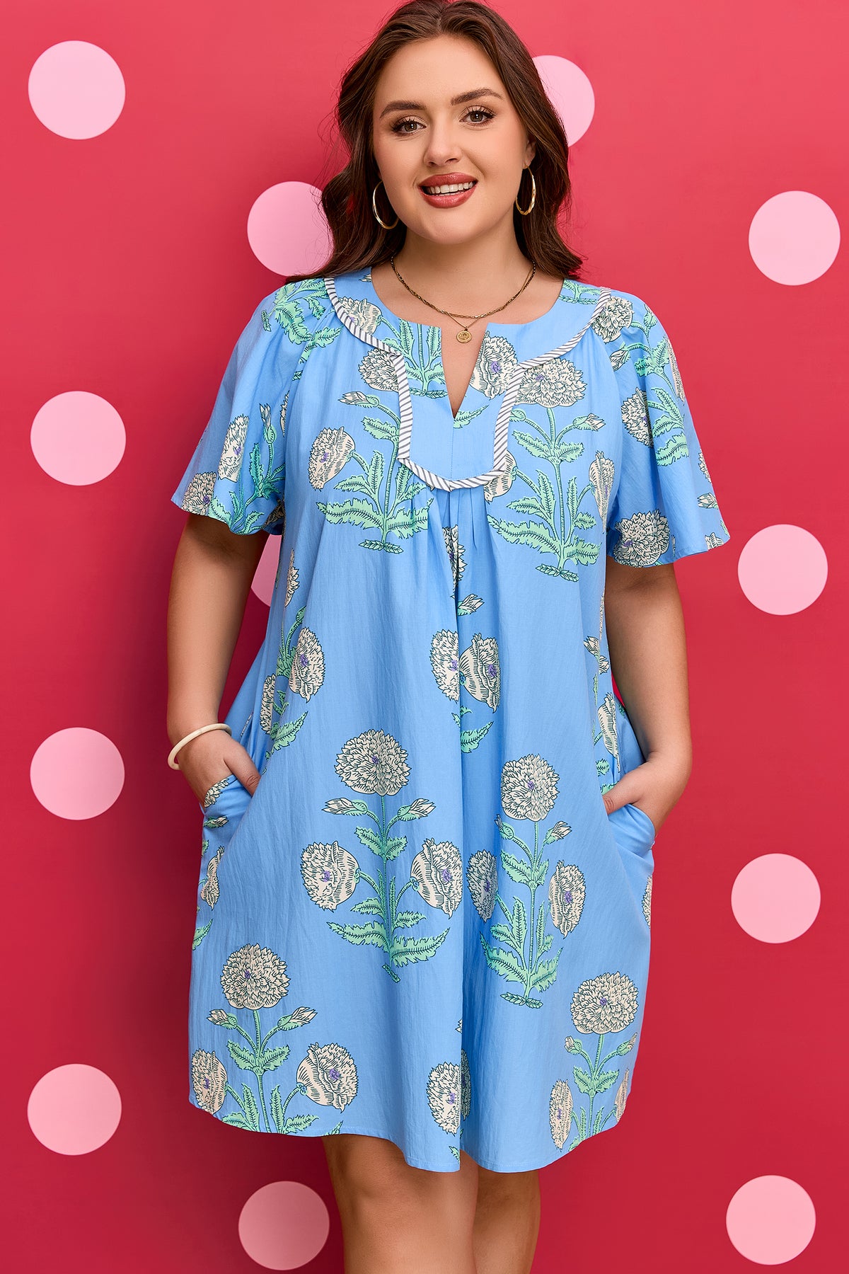 Sky Blue Plus Periwinkle Floral Printed Short-Sleeve Striped Trim Split Neck Mini Dress