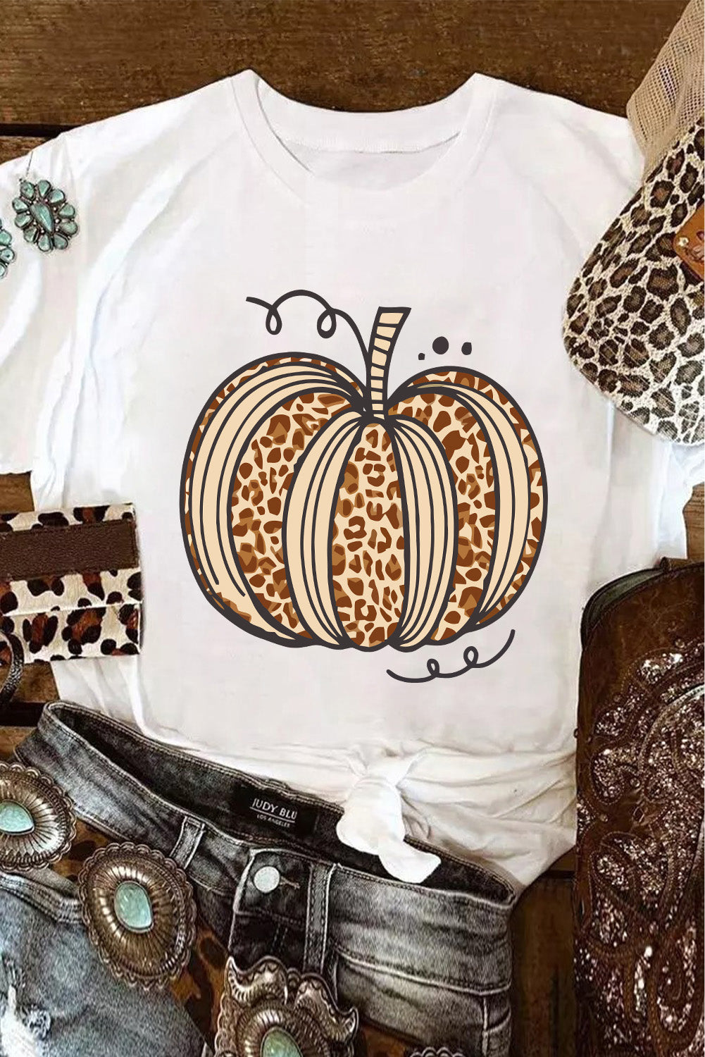 White Leopard Pumpkin Graphic Crewneck Halloween T-Shirt