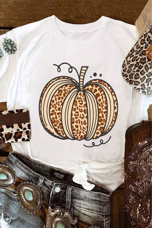 White Leopard Pumpkin Graphic Crewneck Halloween T-Shirt