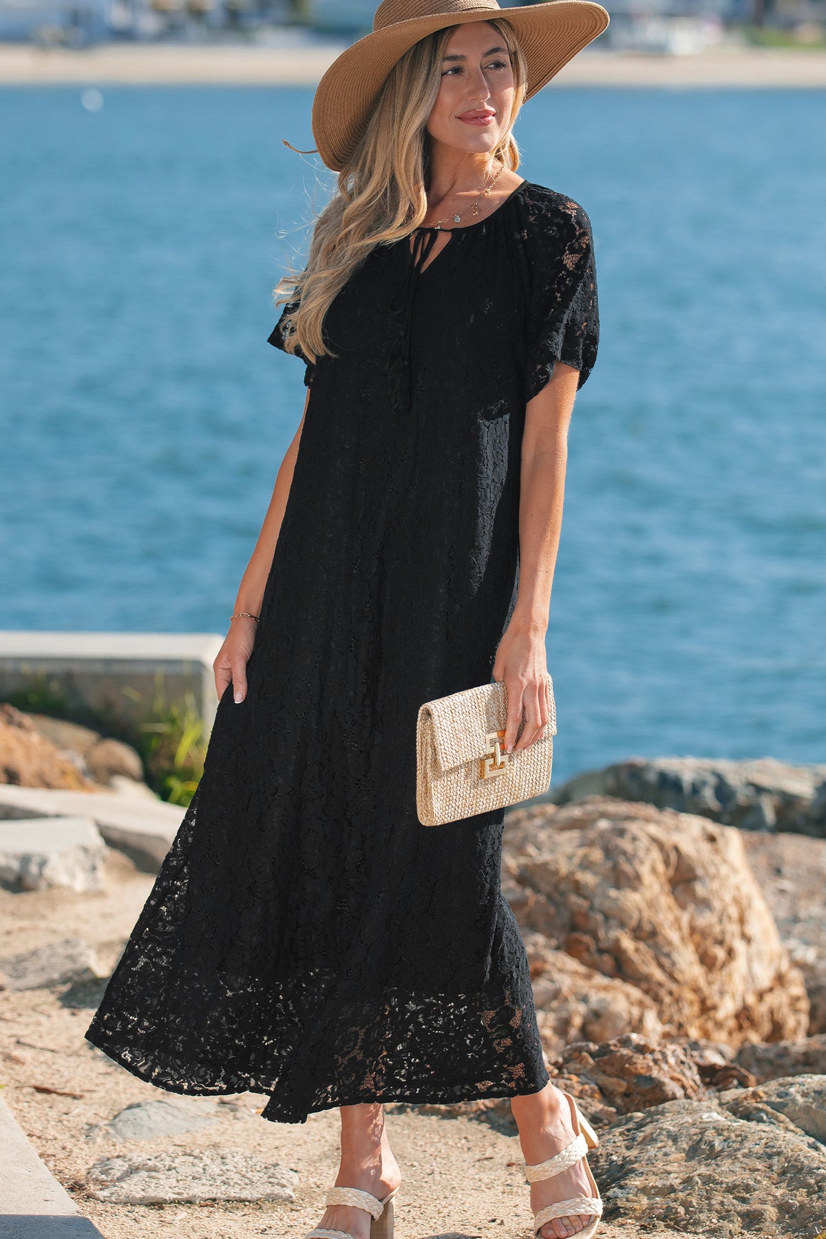 Black Floral Lace Overlay Tassel Tie Beach Vacation Maxi Dress