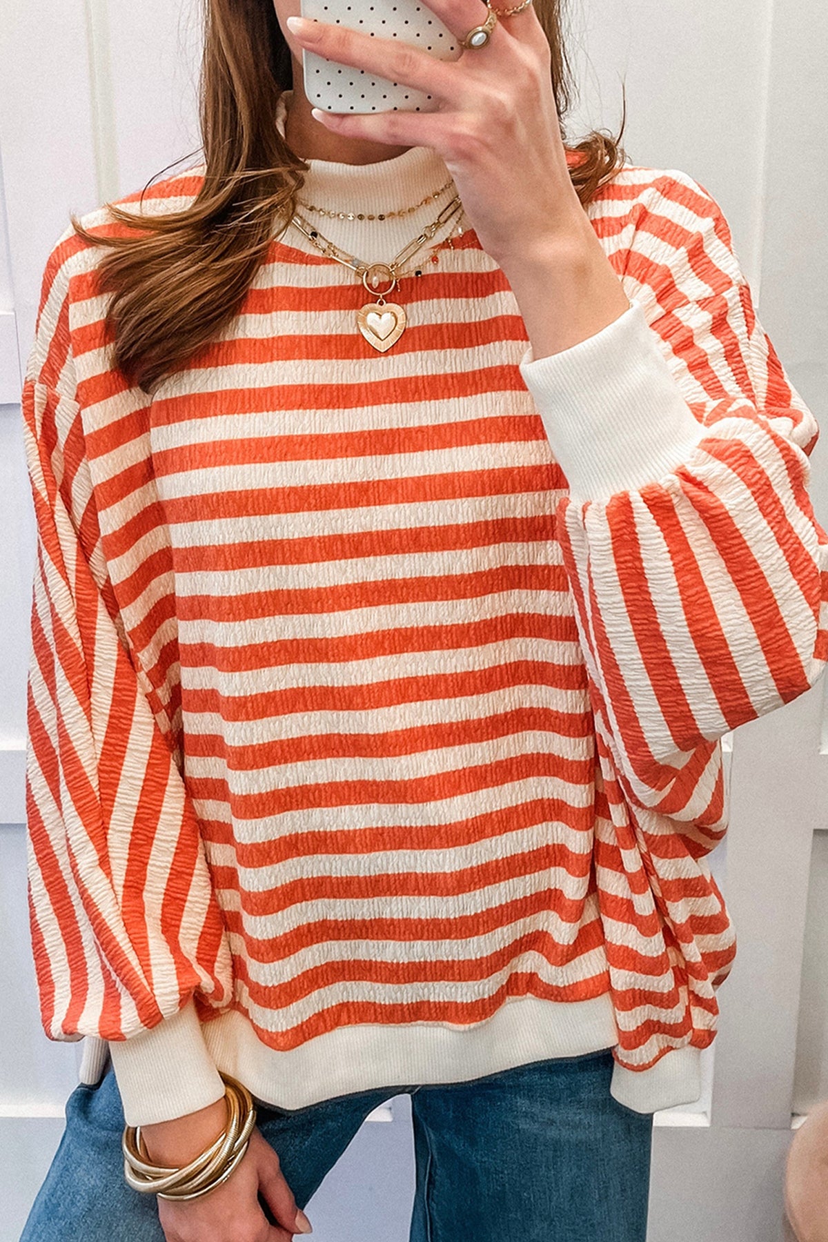 Orange Stripe Striped Textured Stand Neck Oversized Top