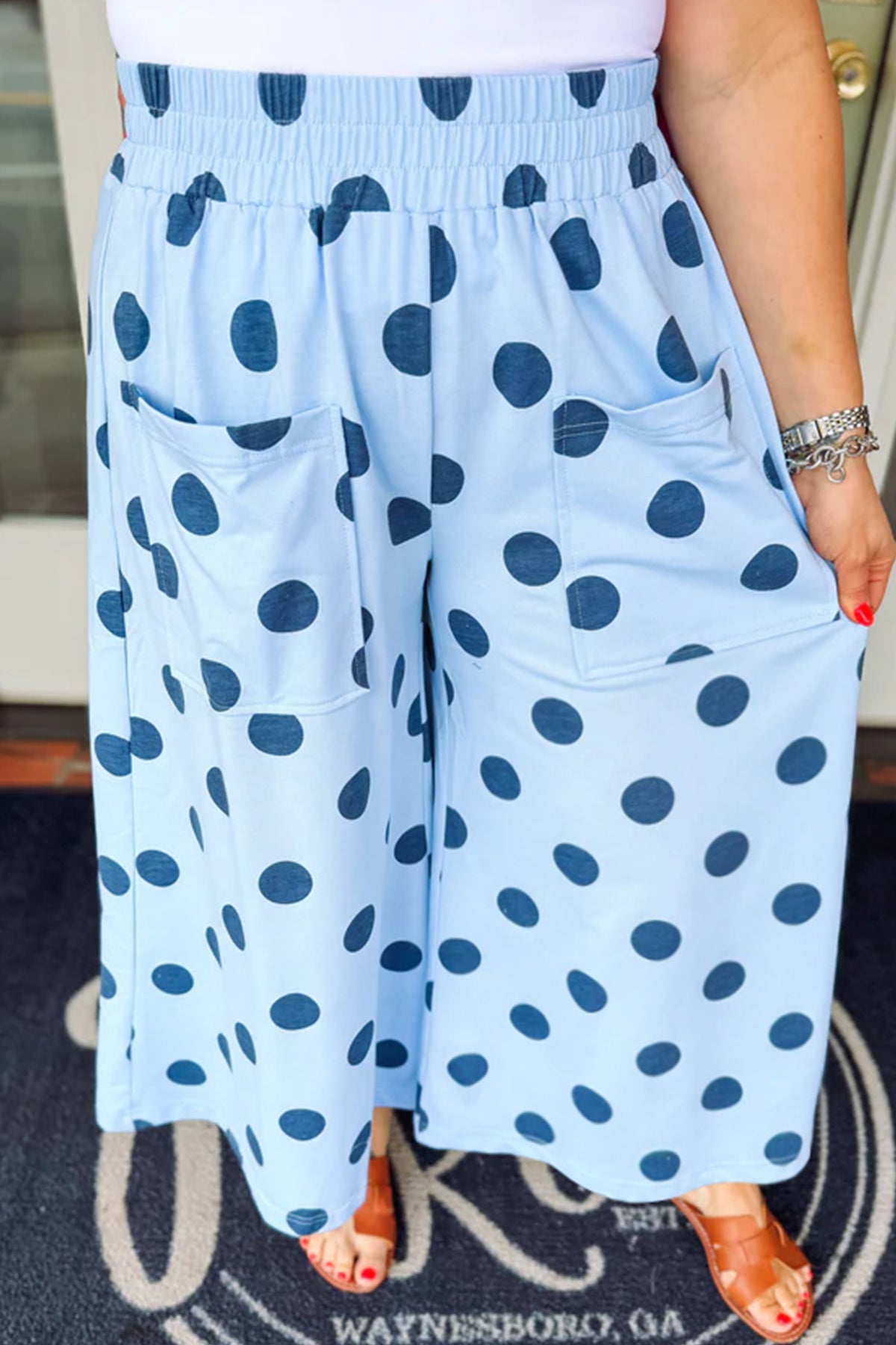Khaki Polka Dot Elastic-Waist Wide-Leg Plus Size Pants
