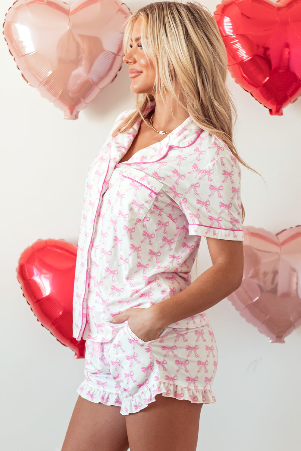 Pink Bowknot Print Short Sleeve Shirt and Ruffled Shorts Pajama Set
