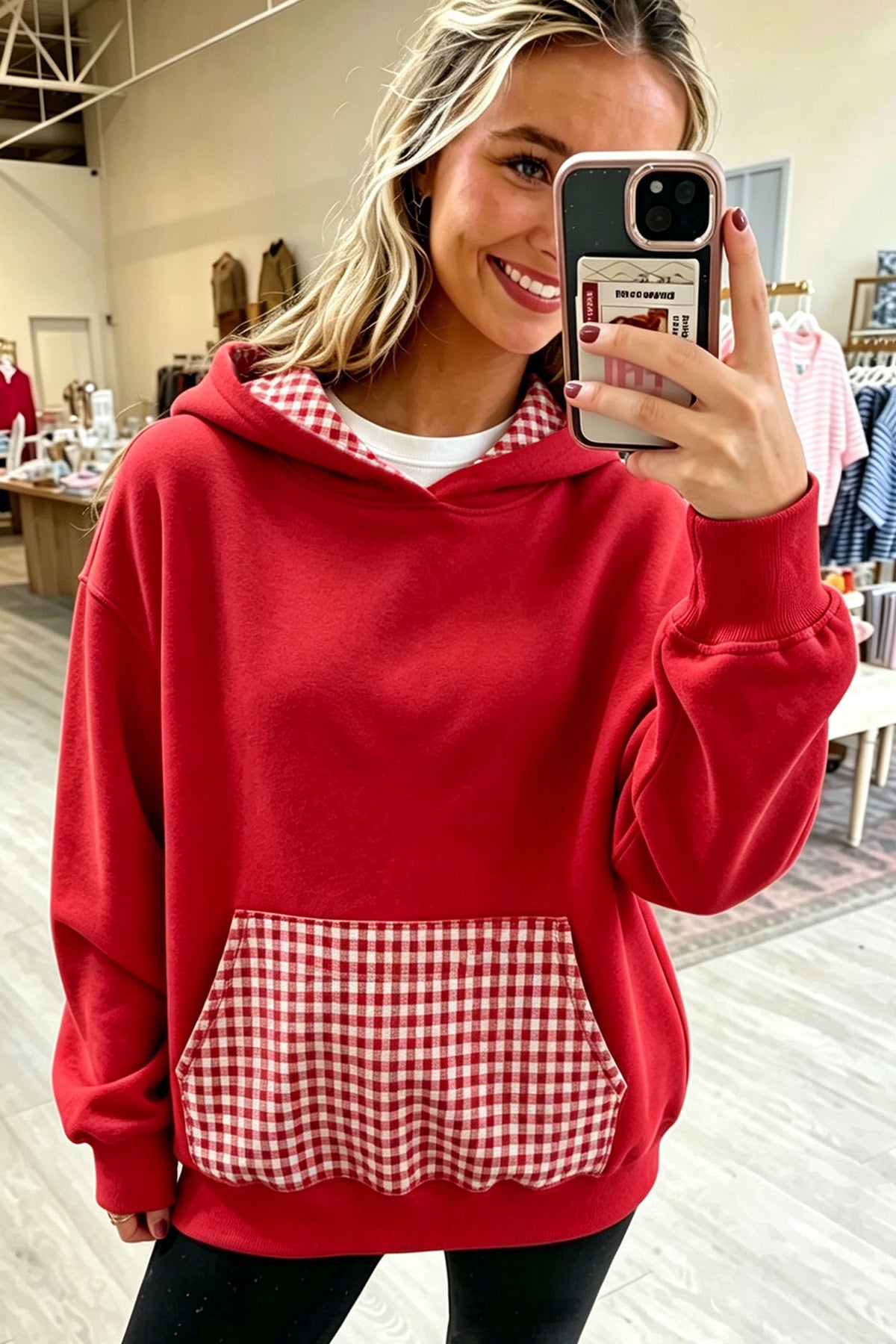 Racing Red Plaid Patchwork Front Pocket Hoodie