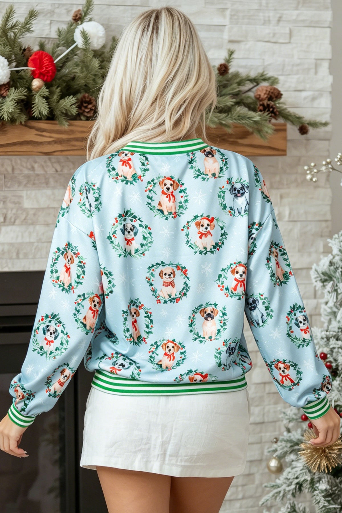 Sky Blue Abstract Dog Print Ribbed Cuff Round Neck Sweatshirt