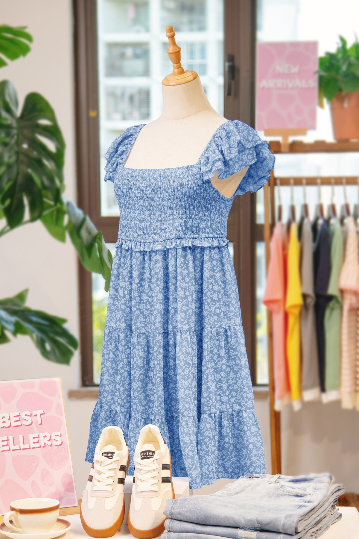 Sky Blue Floral Square Neck Flutter Sleeve Smocked Tiered Mini Dress