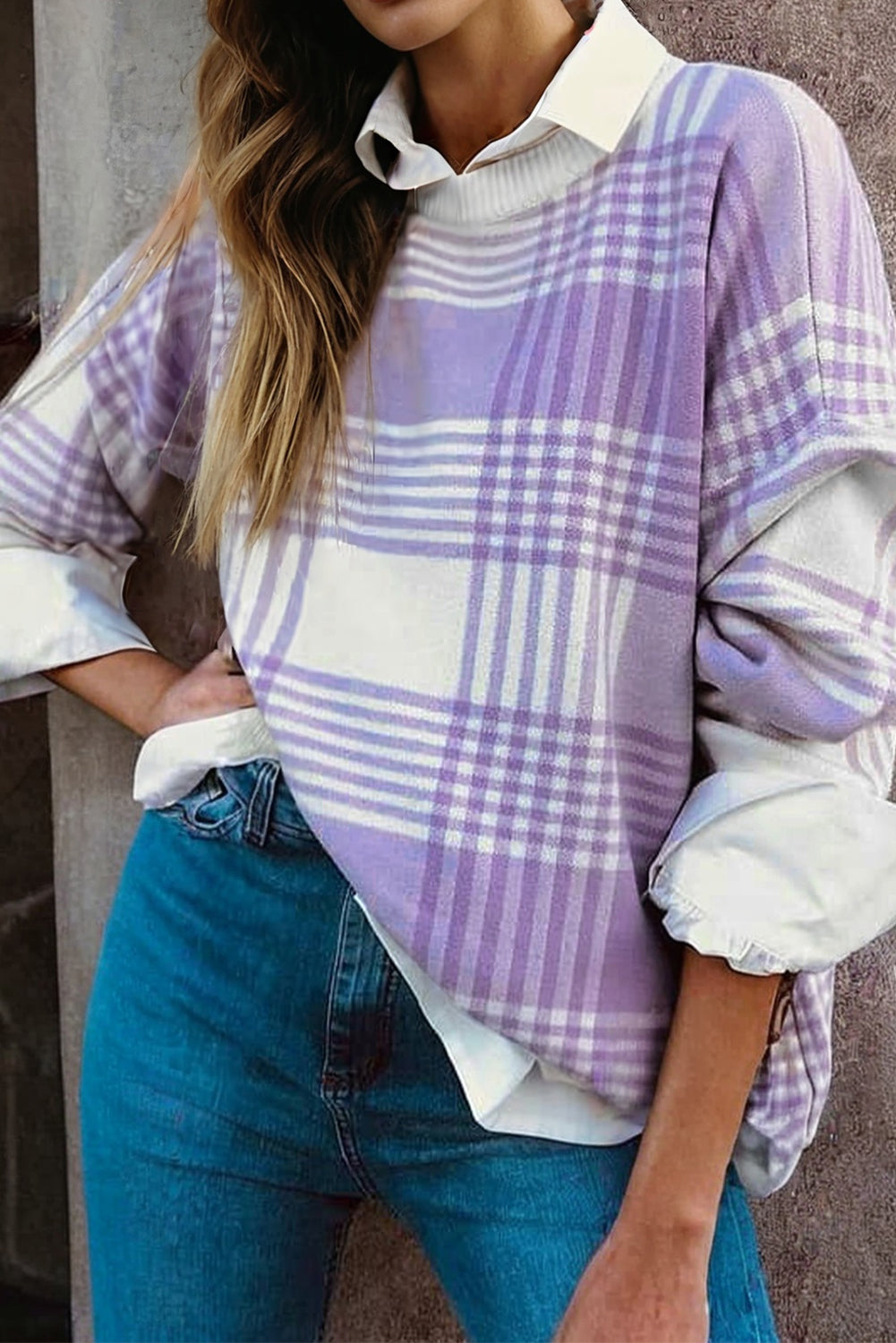 Lilac Plaid Print Ribbed Trim Loose Sweater