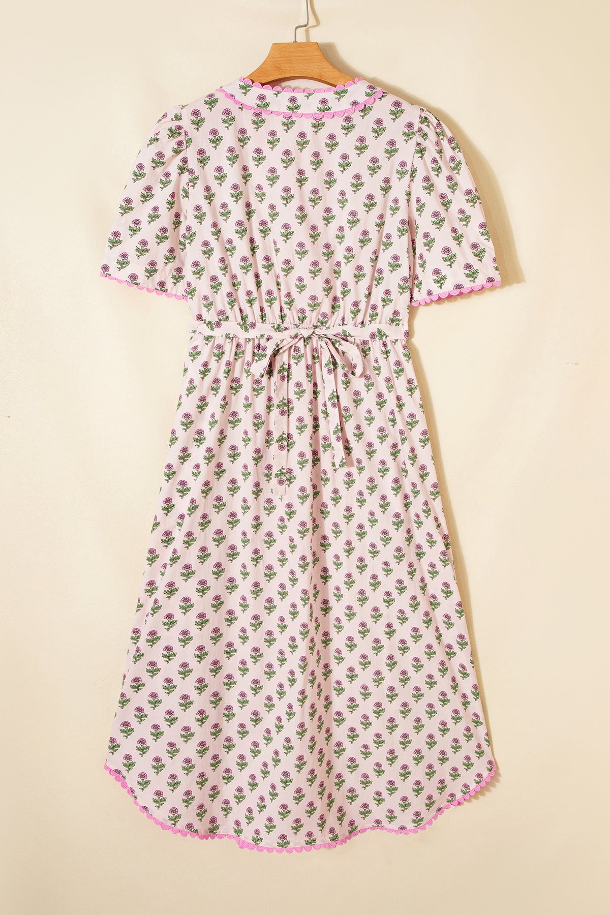 Pink Floral Print V Neck Scallop Trim Short Sleeve Long Dress