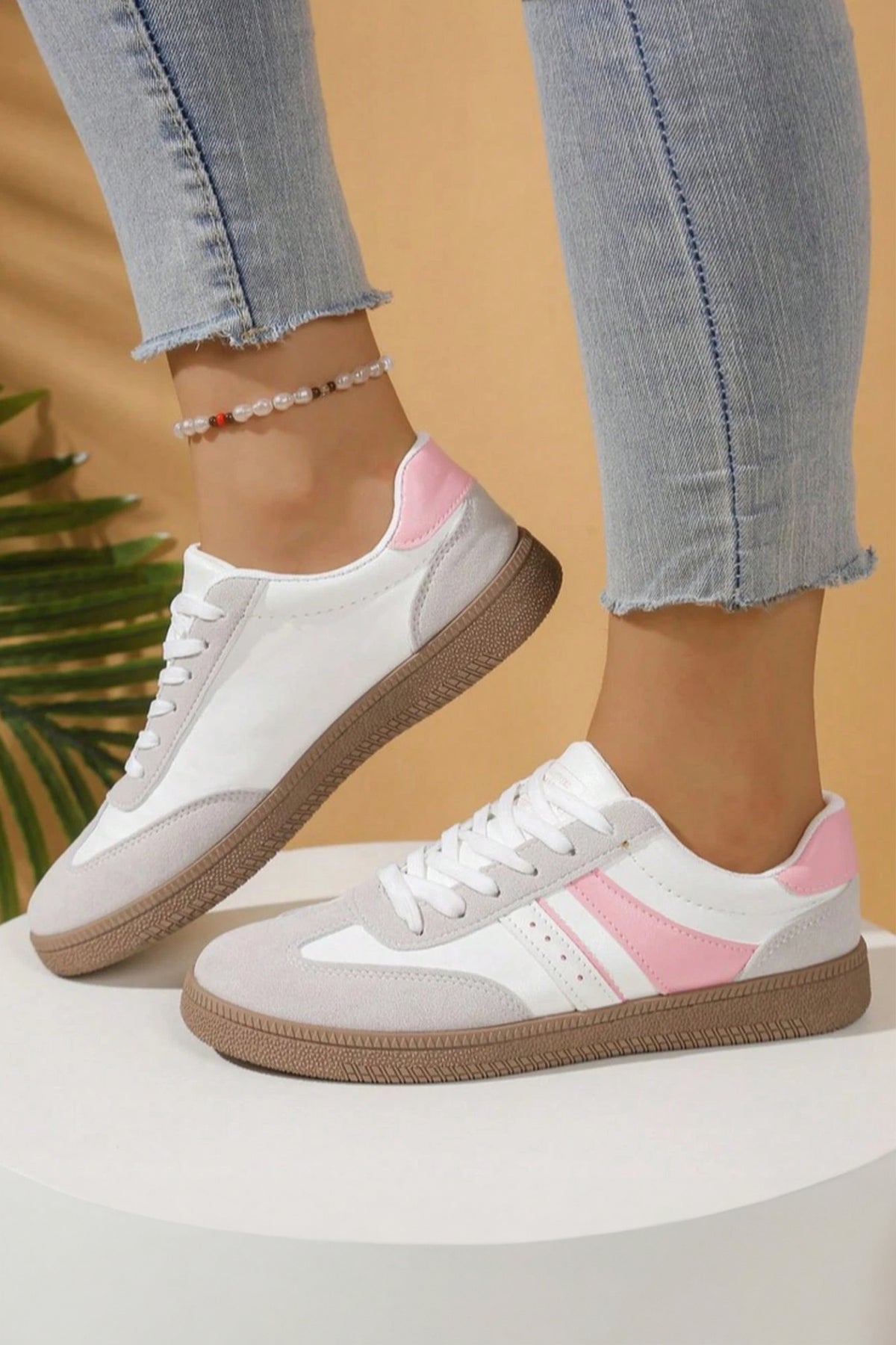 Pink Fashionable Patchwork Lace-Up Low-Top Casual Flat Sneakers