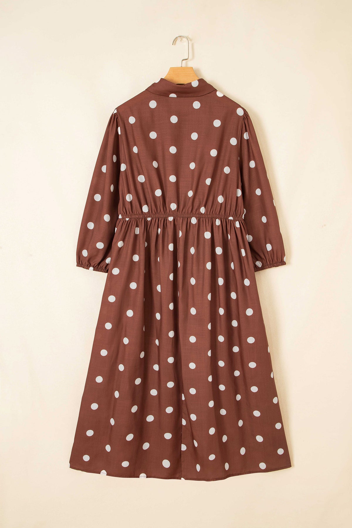 Brown Polka Dot V-Neck Abdomen Pocket Gathered Cuffs Long-Sleeve Shift Plus Size Dress