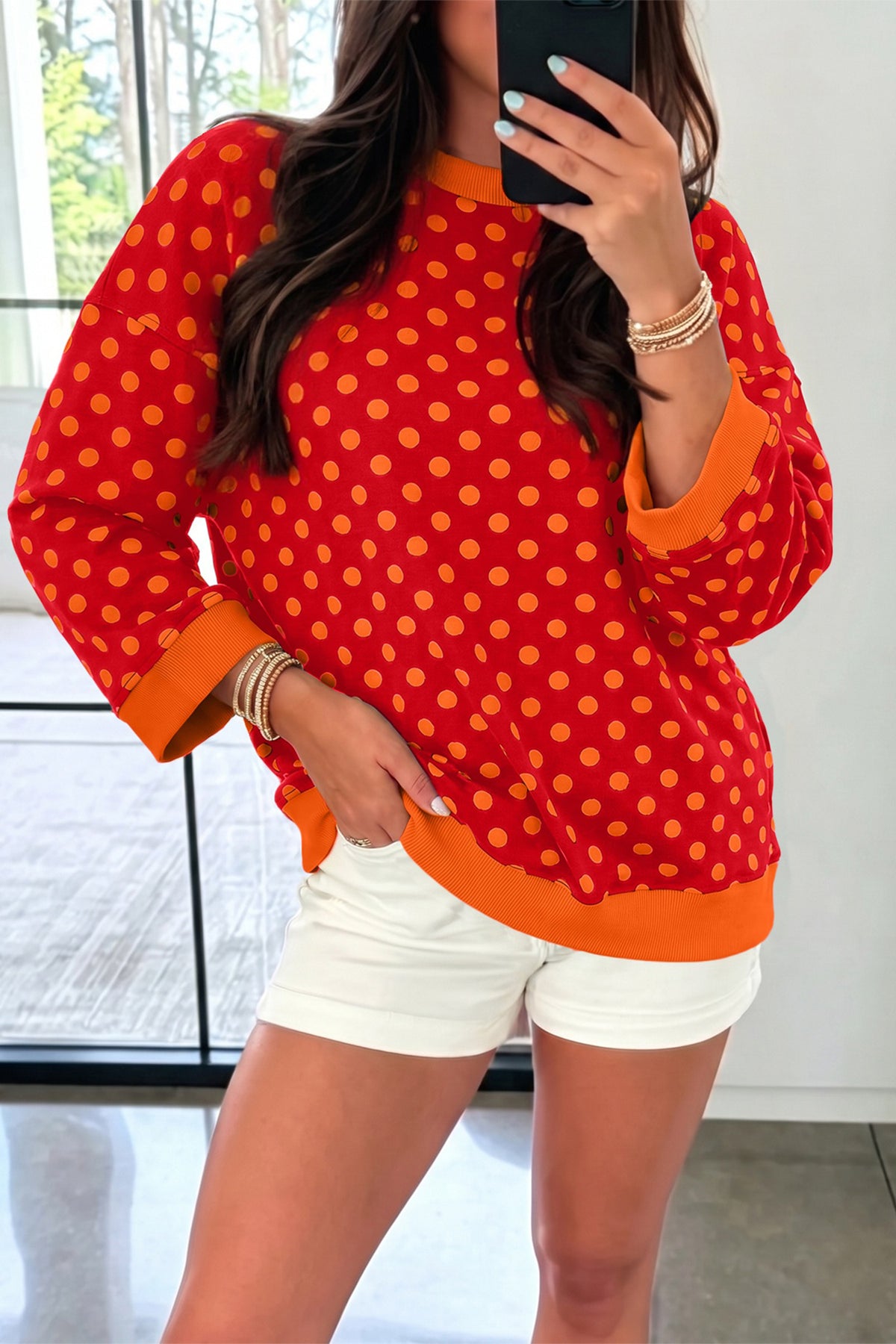 Green Polka Dot Print Round Neck Bracelet Sleeve Top