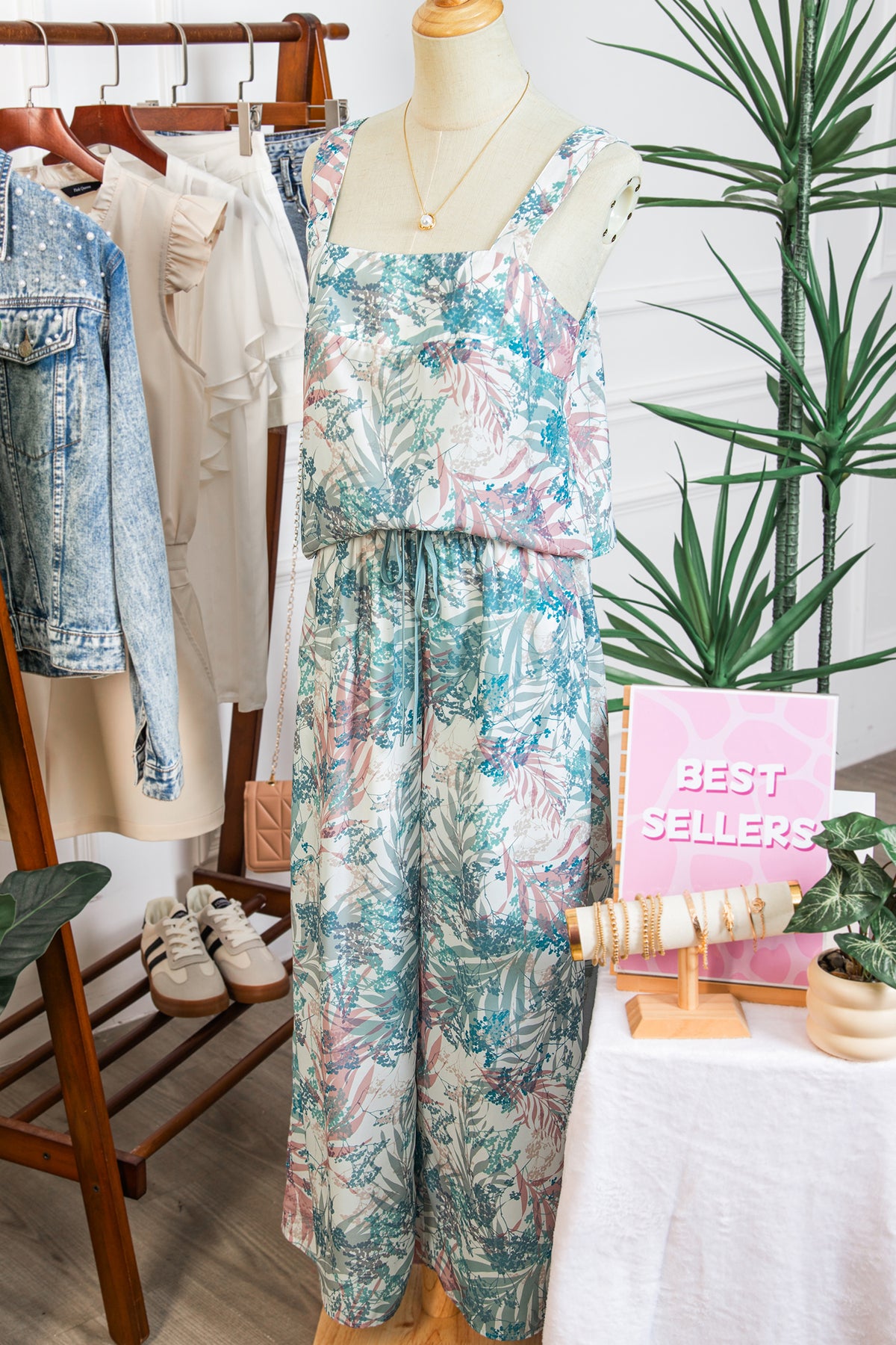 Women's Green Tropical Palm Printed Cropped Tank Wide Leg Pants Two-Piece Set
