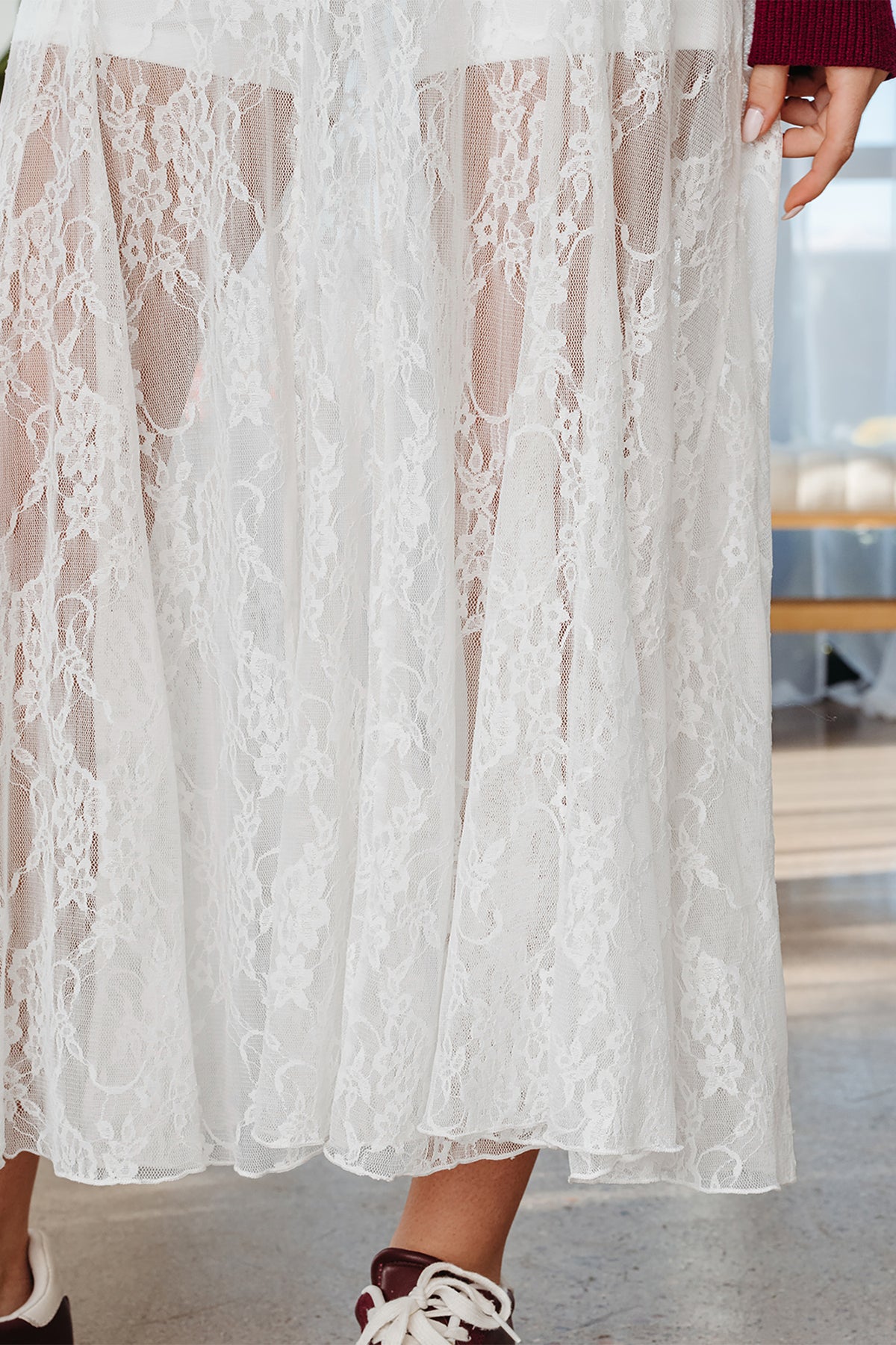 White Sheer Floral Lace Flowy Maxi Skirt