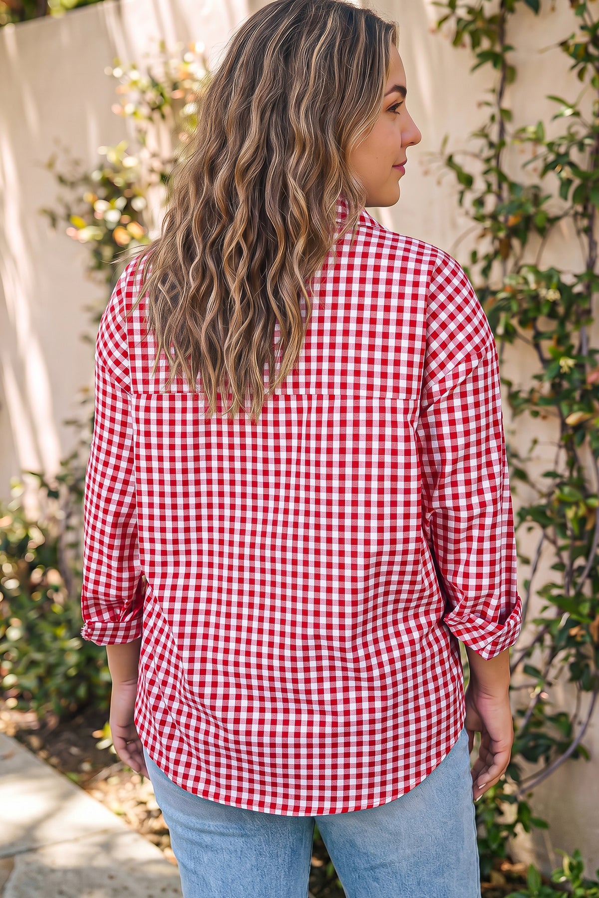 Red Plaid V-Neck Long-Sleeve Tunic Loose Fit Plus Size Shirt