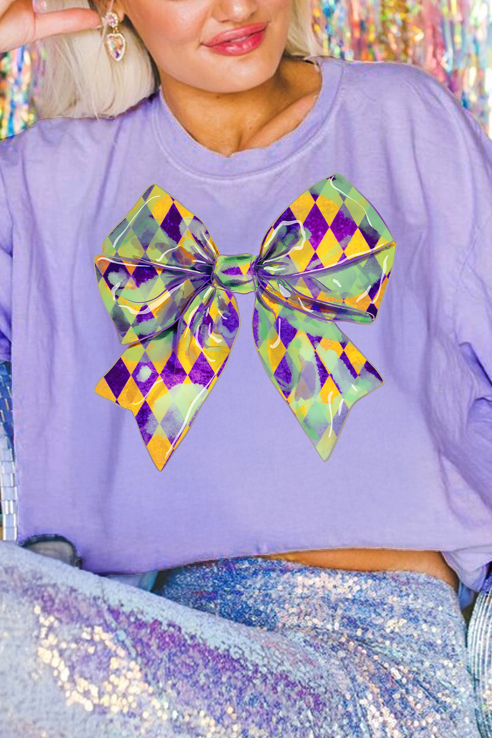 Wisteria Mardi Gras Bowknot Pattern Crew Neck T-Shirt