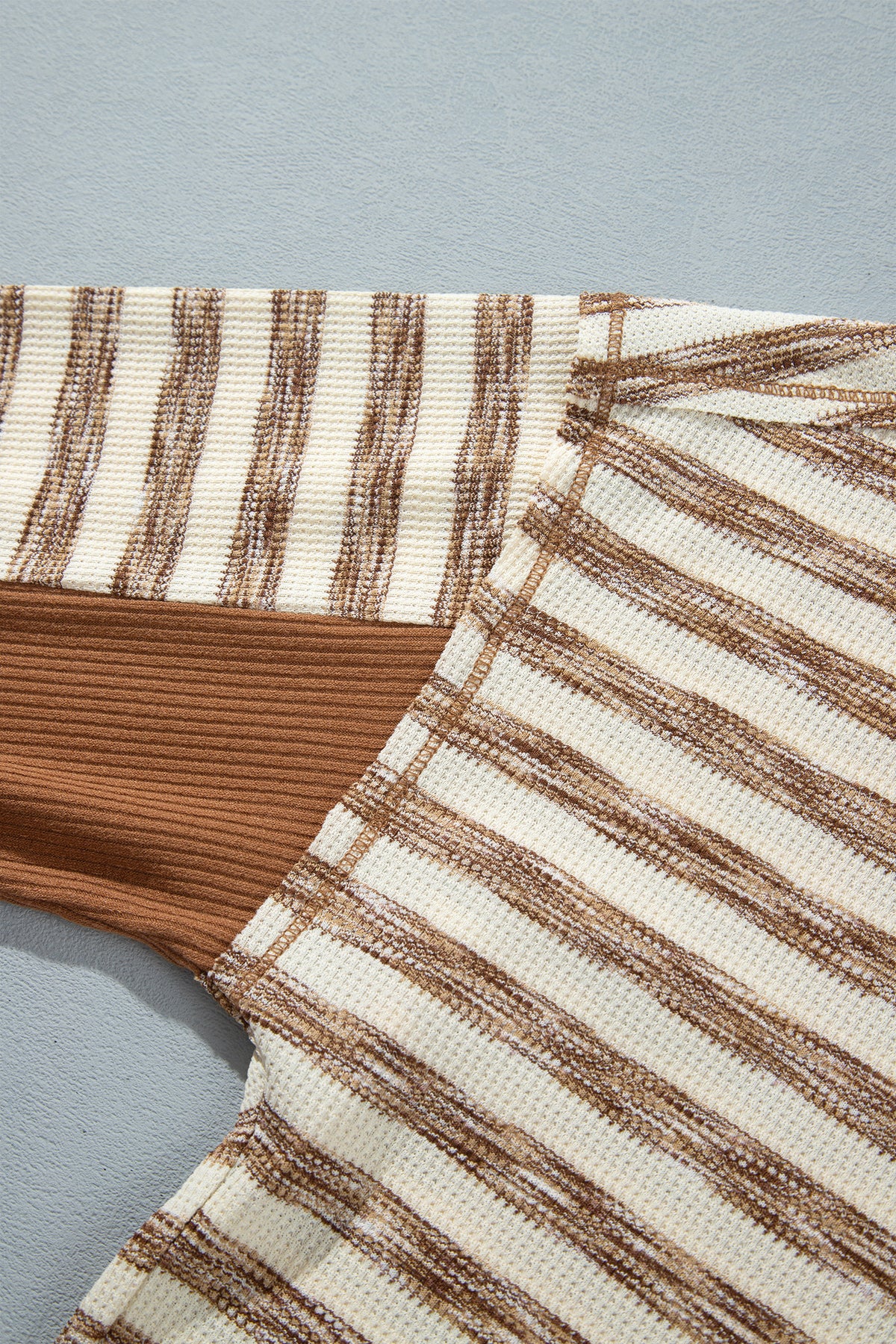 Brown Stripe Textured Knit Color Block Trim Round Neck Top