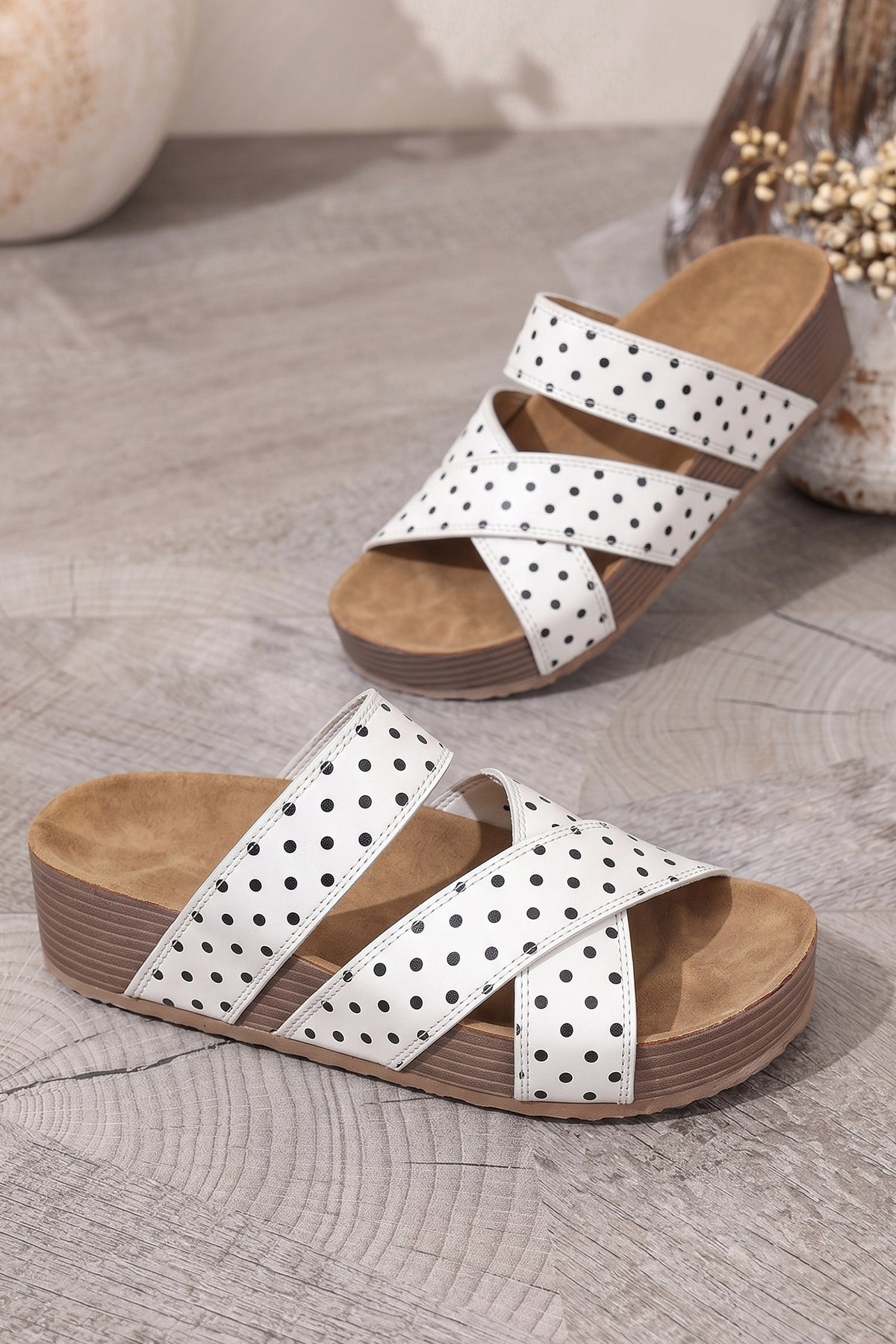 White Polka Dot Crossed Band Soft Suede Platform Sandals
