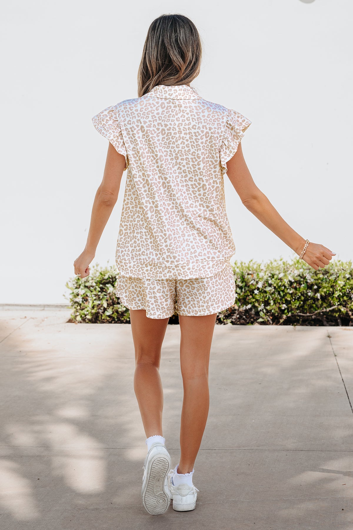 Women's Beige Leopard Zip Polo Top Two-Piece Shorts Two-Piece Set