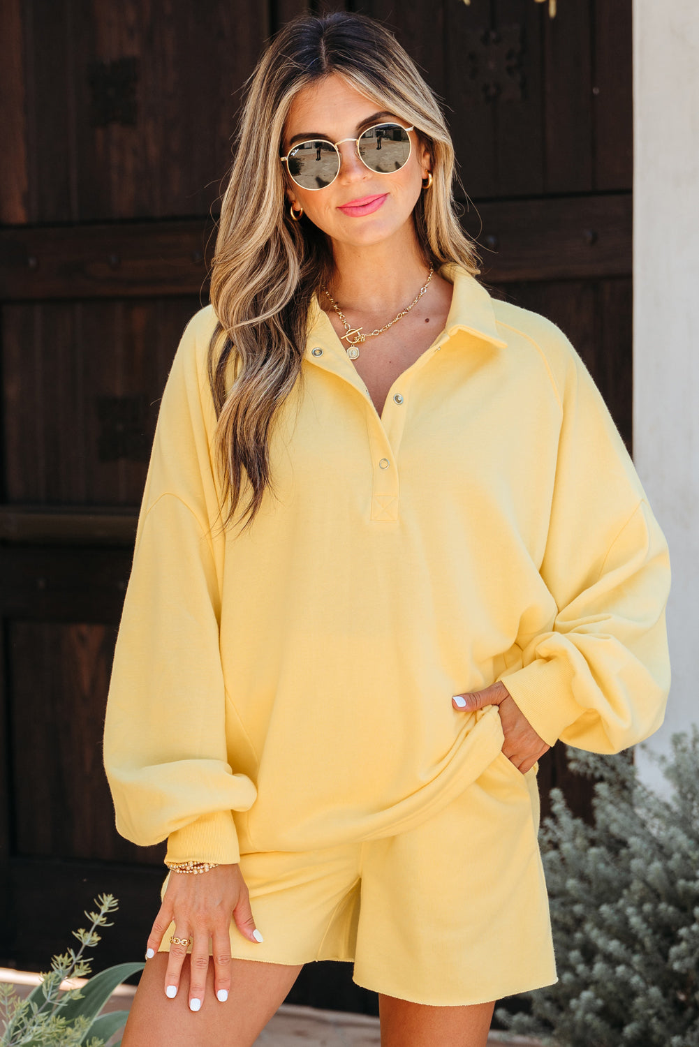 Women's Yellow Cream Button Collar Drop Shoulder Pullover and Shorts Two-Piece Outfit Set