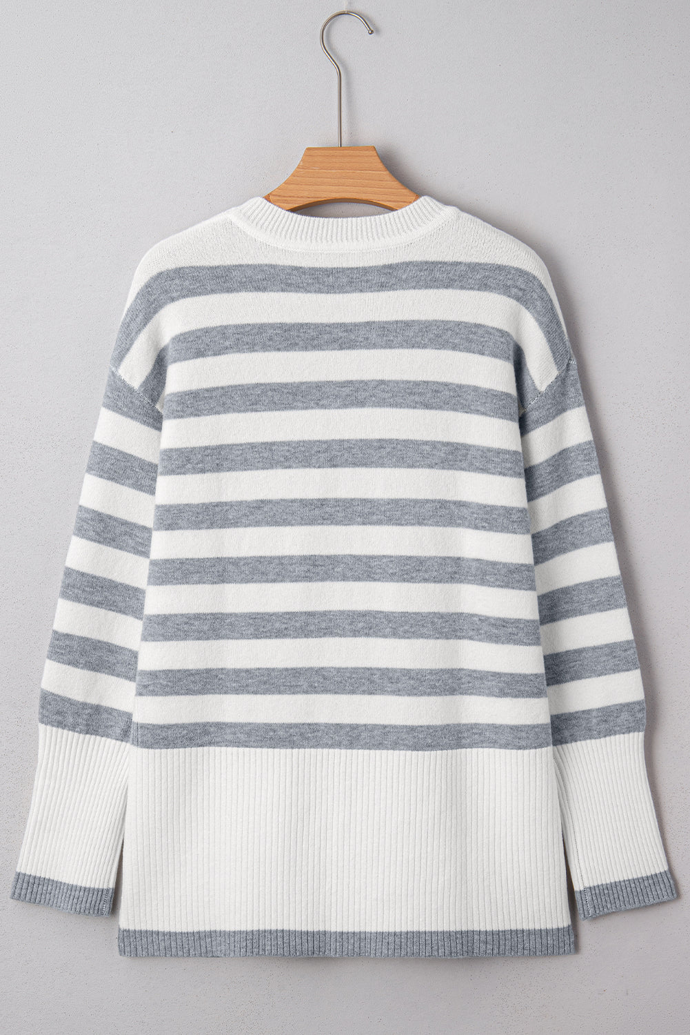 Gray Stripe Ribbed Buttoned Detail Drop Shoulder Tunic Sweater