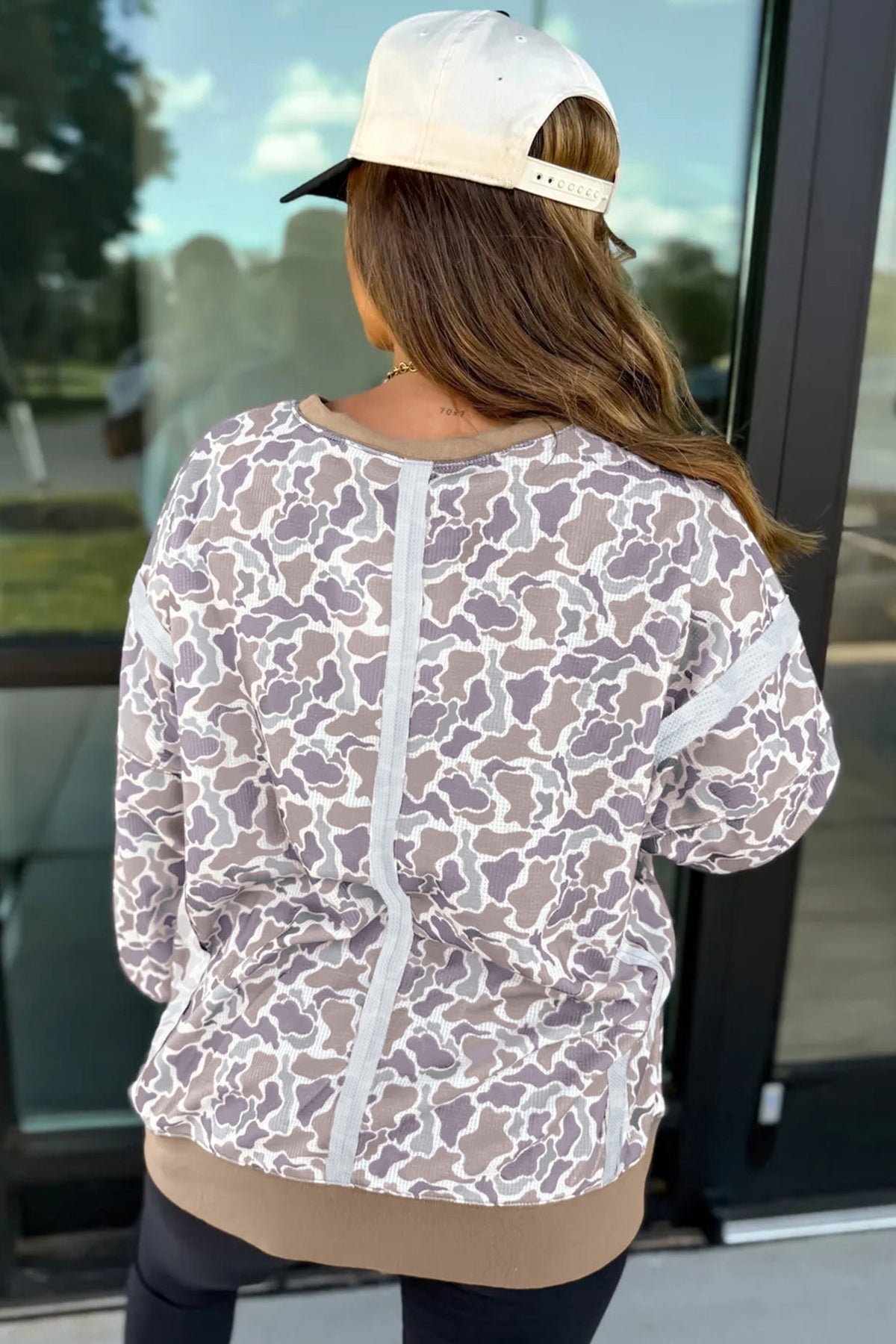Khaki Camouflage Print Textured Knit Color Block Trim Top