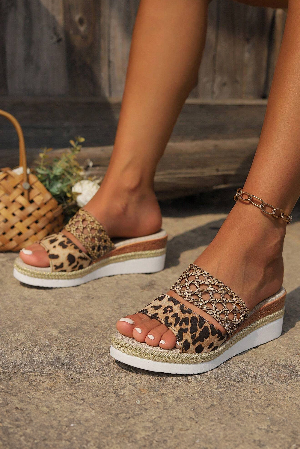 Chestnut Leopard Braided Wedge Sandals