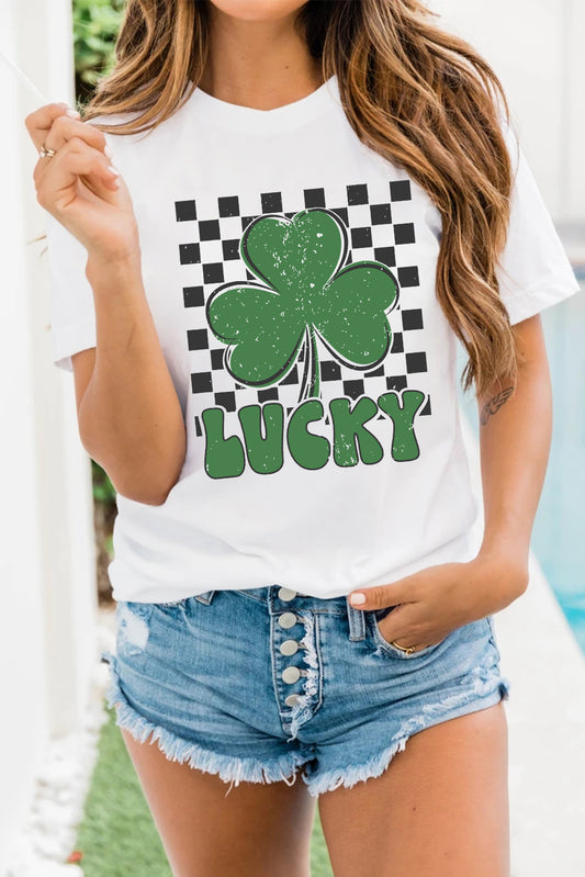 White Checker LUCKY Clover Printed St Patricks T-Shirt