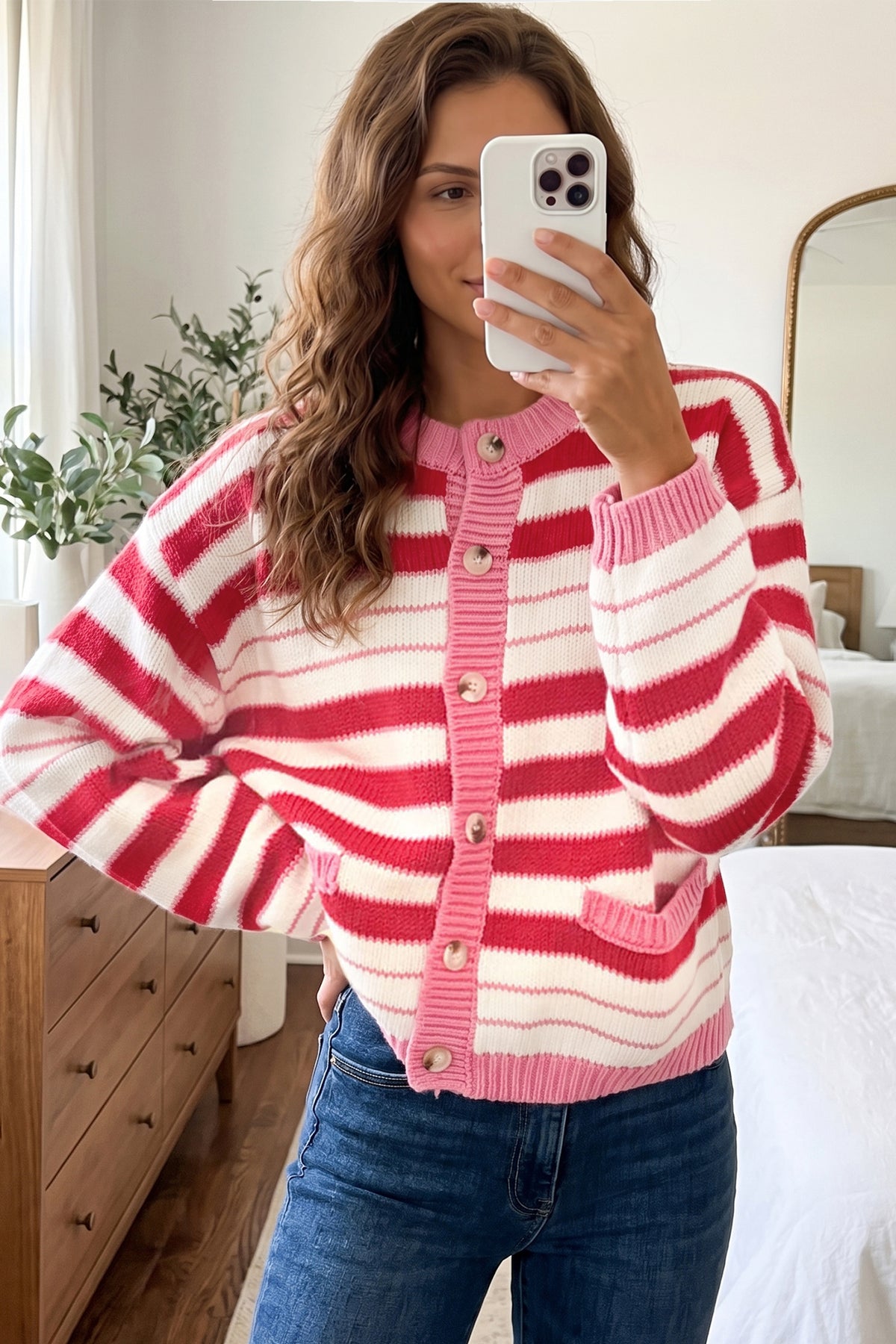 Red Stripe V Neck Long Sleeve Cardigan