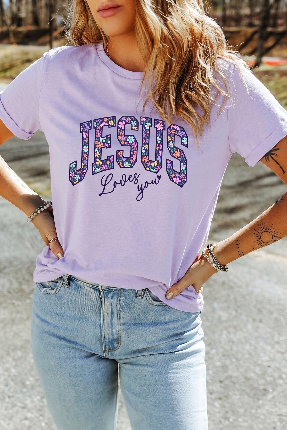 Orchid Petal Christian Floral Letter Graphic Round Neck T-Shirt