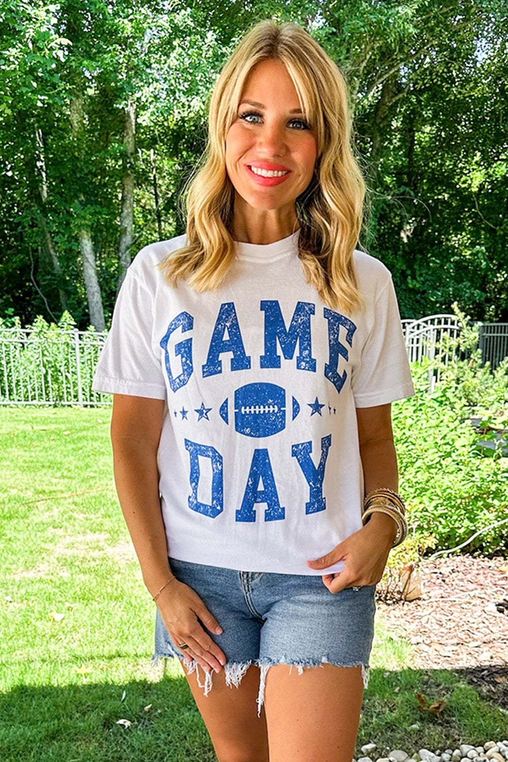 White GAME DAY Rugby Football Graphic Crewneck T-Shirt