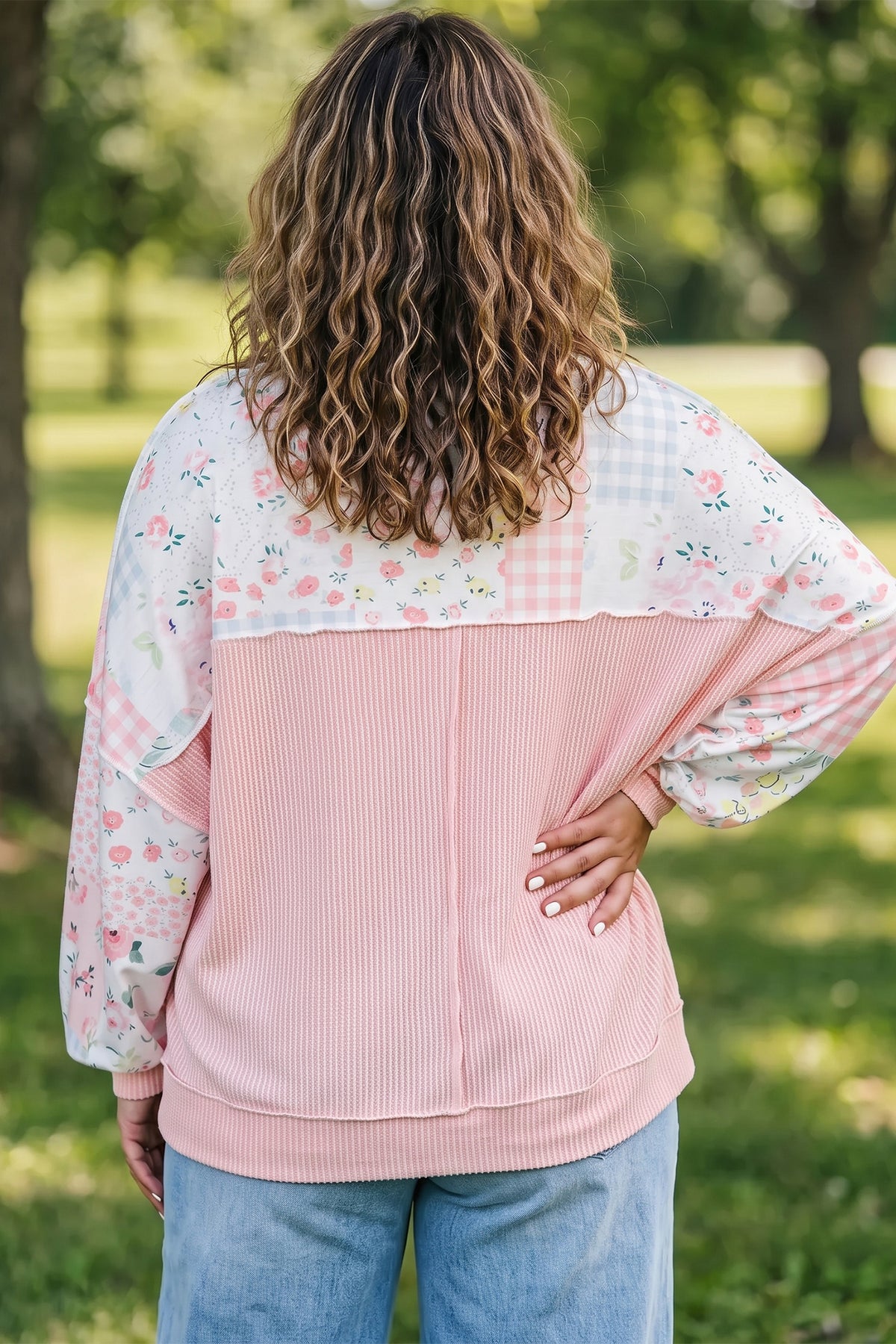 Pink Patchwork Floral Print Long-Sleeve Tunic Plus Size Blouse