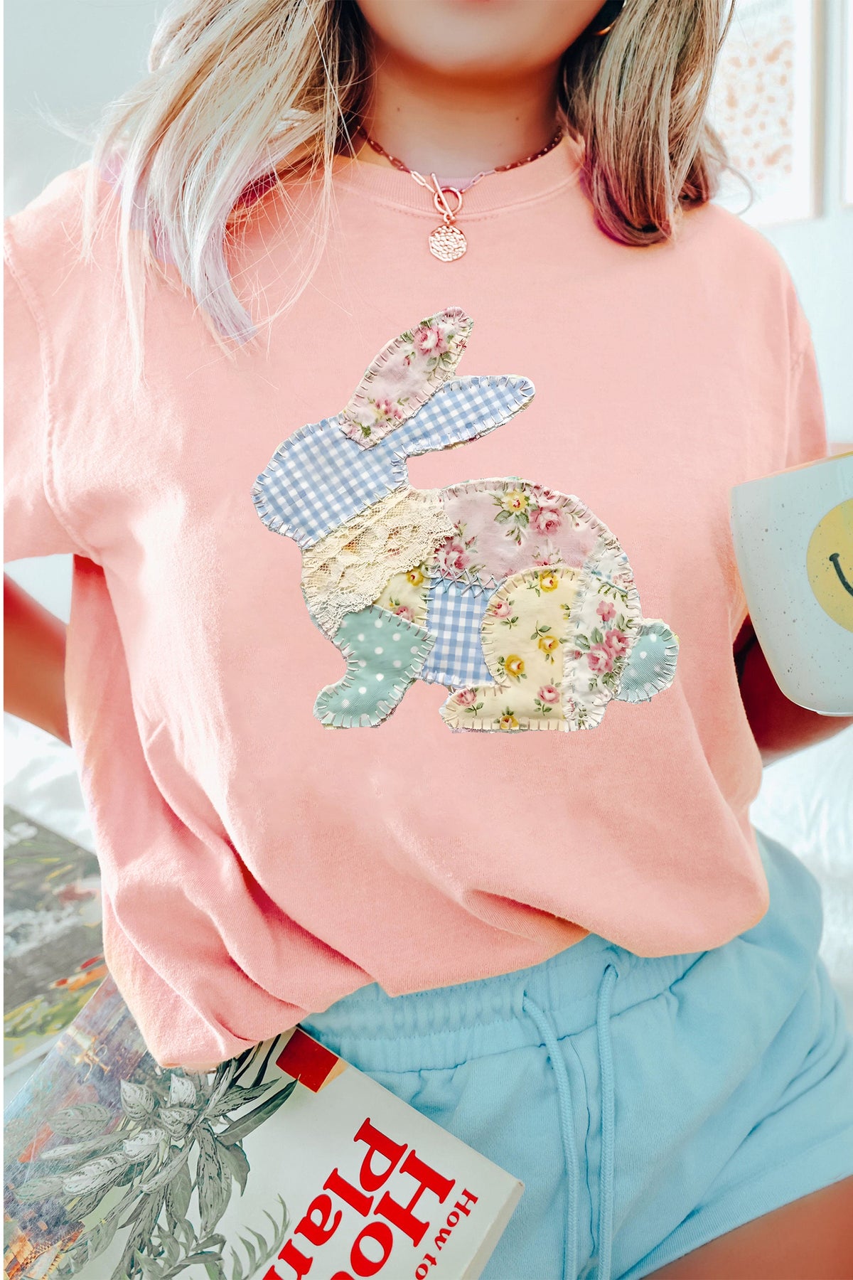 Pink Vibrant Easter Bunny Patchwork Printed T-Shirt