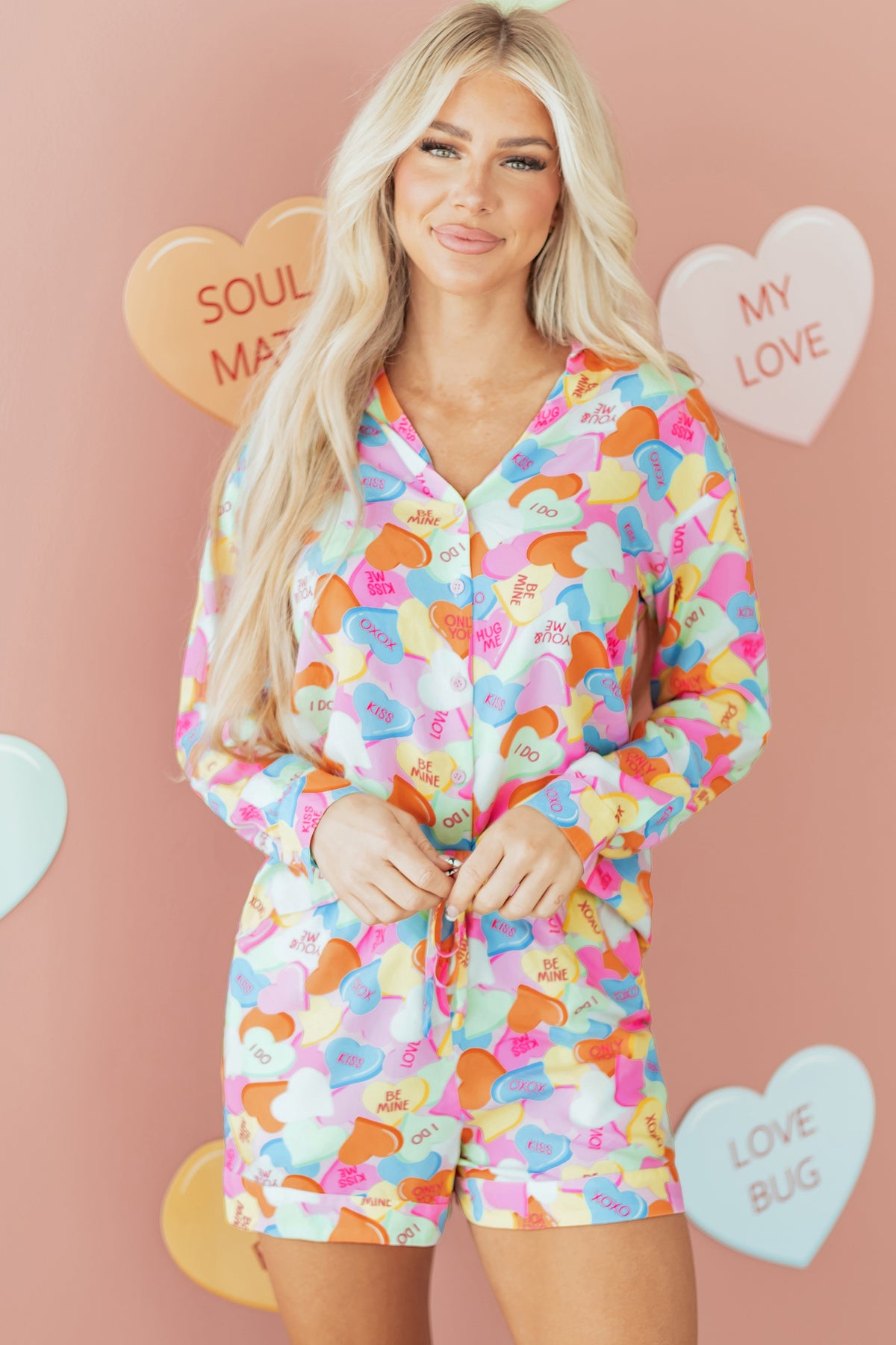 Pink Candy Heart V Neck Tunic Shirt and Shorts Pajama Set